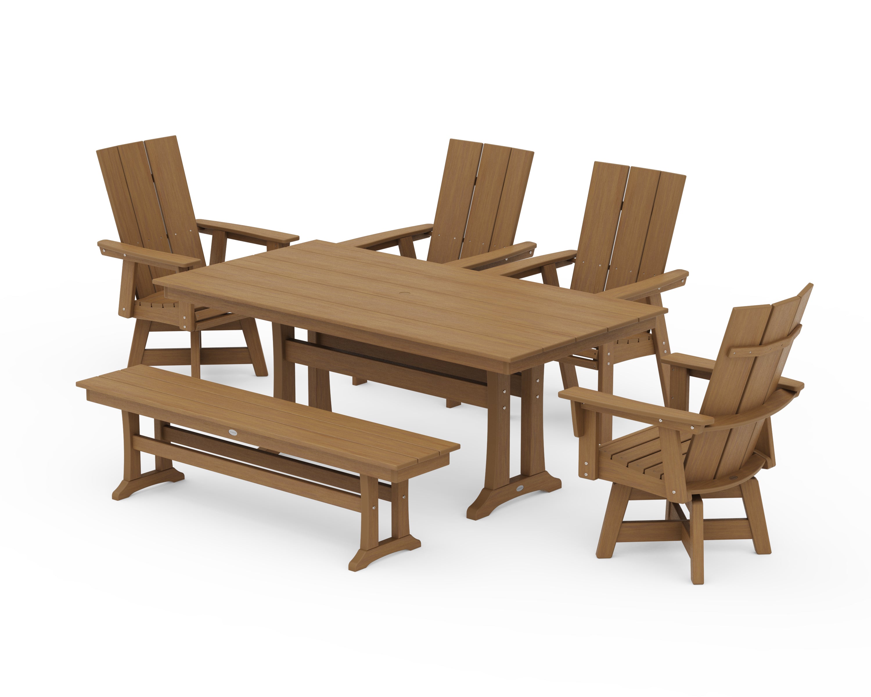POLYWOOD Modern Curveback Adirondack Swivel Chair 6-Piece Farmhouse Dining Set With Trestle Legs and Bench in Natural