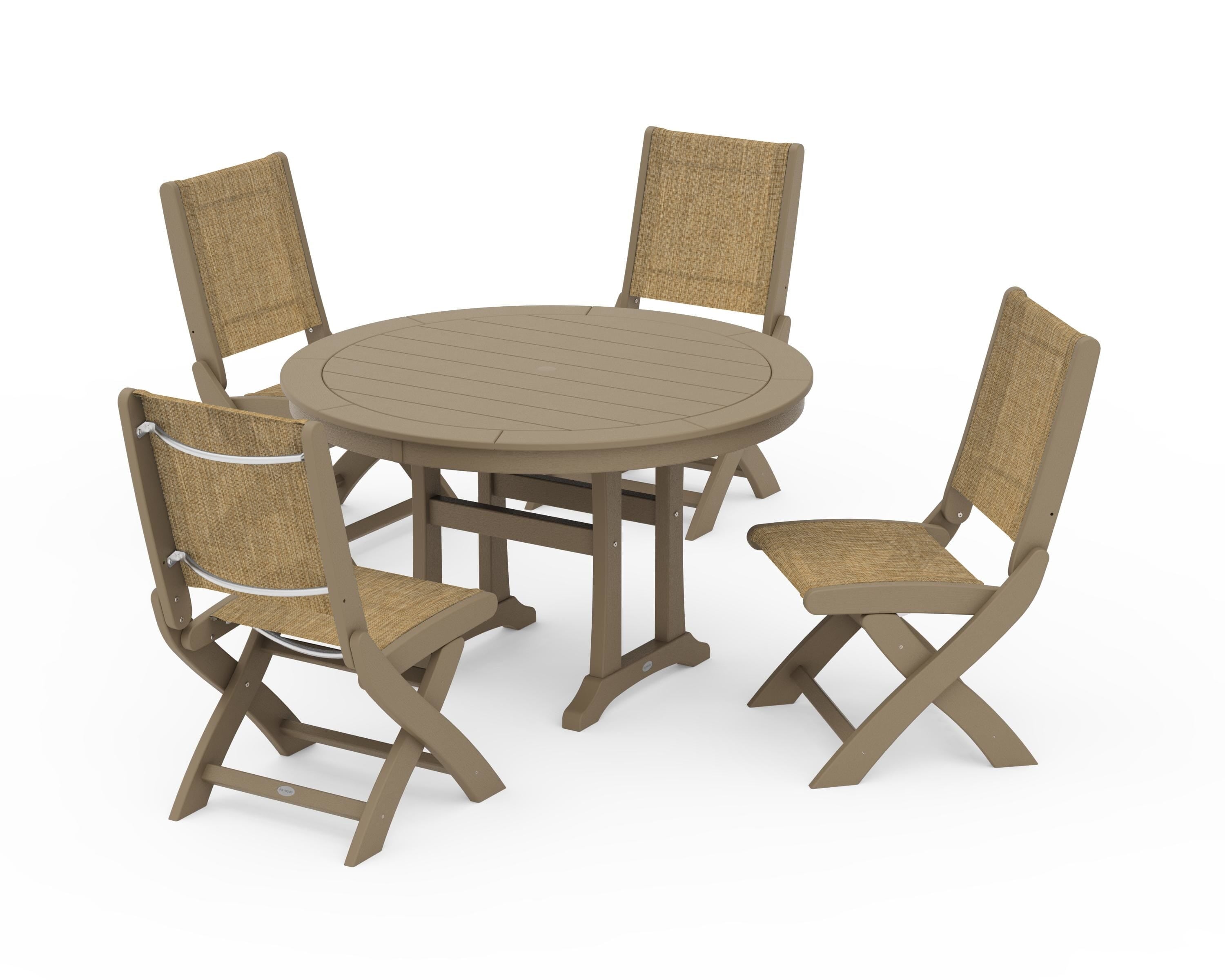 POLYWOOD Coastal Folding Side Chair 5-Piece Round Dining Set With Trestle Legs in Vintage Sahara / Burlap Sling