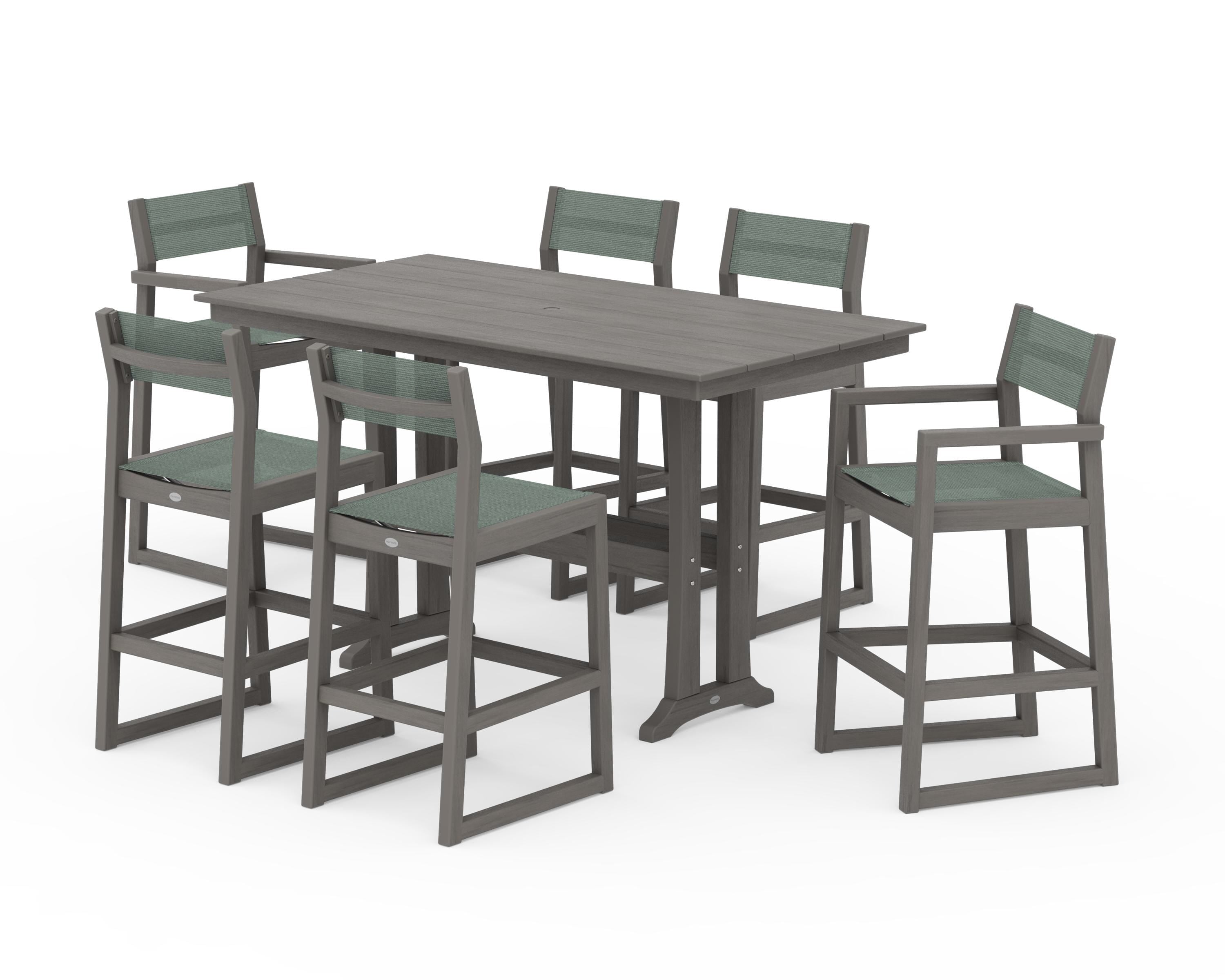 POLYWOOD EDGE Sling 7-Piece Farmhouse Bar Set with Trestle Legs in Driftwood / Dupioni Sea Mist Sling