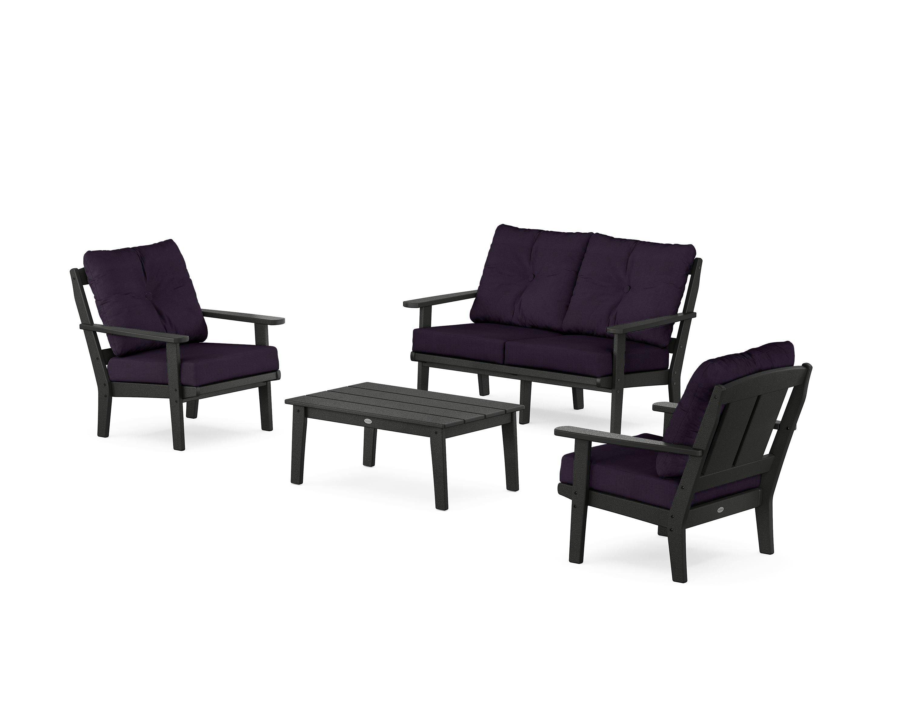 POLYWOOD Mission 4-Piece Deep Seating Set with Loveseat in Black / Navy Linen