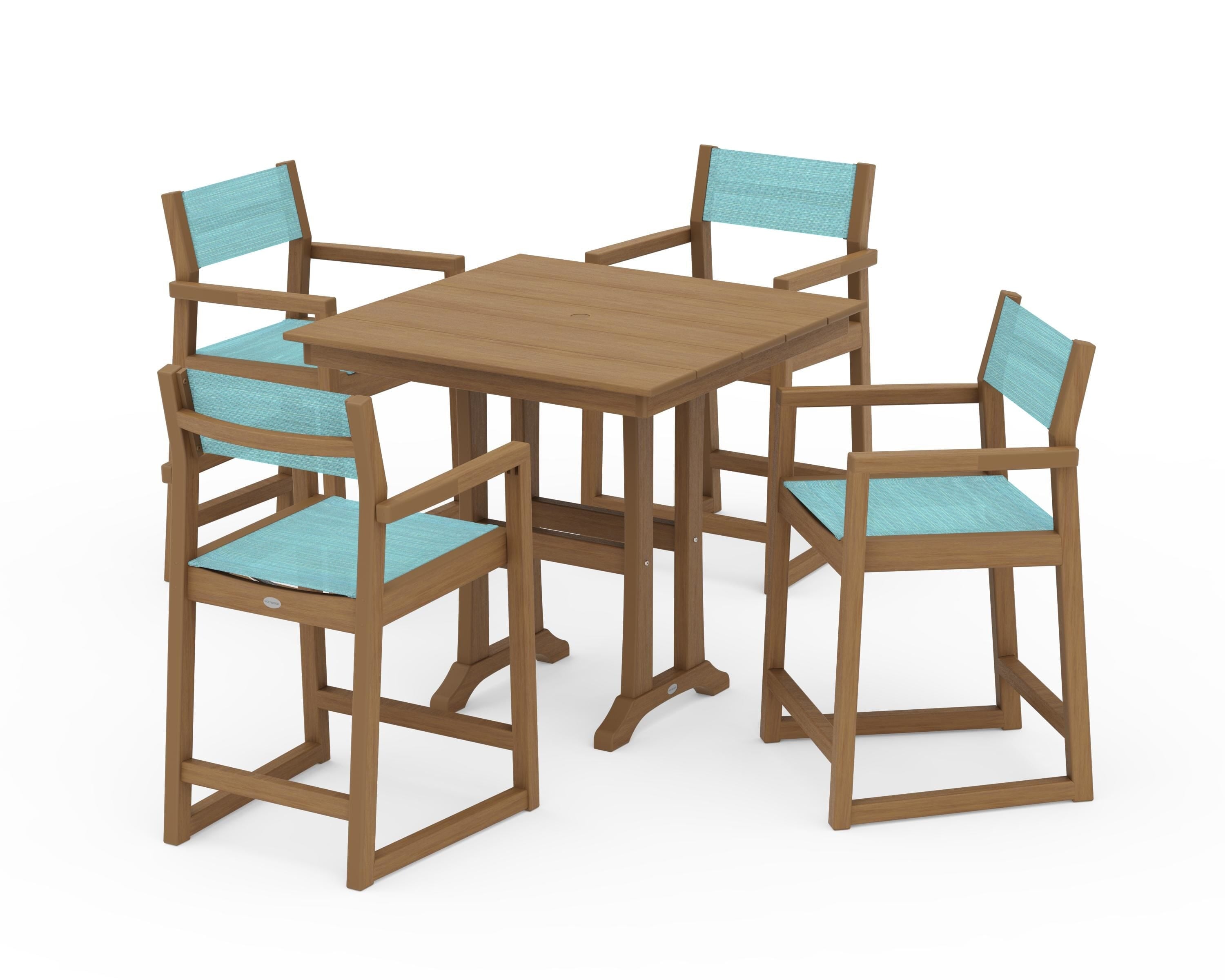 POLYWOOD EDGE Sling Arm Chair 5-Piece Farmhouse Counter Set with Trestle Legs in Natural / Dupioni Aquamarine Sling