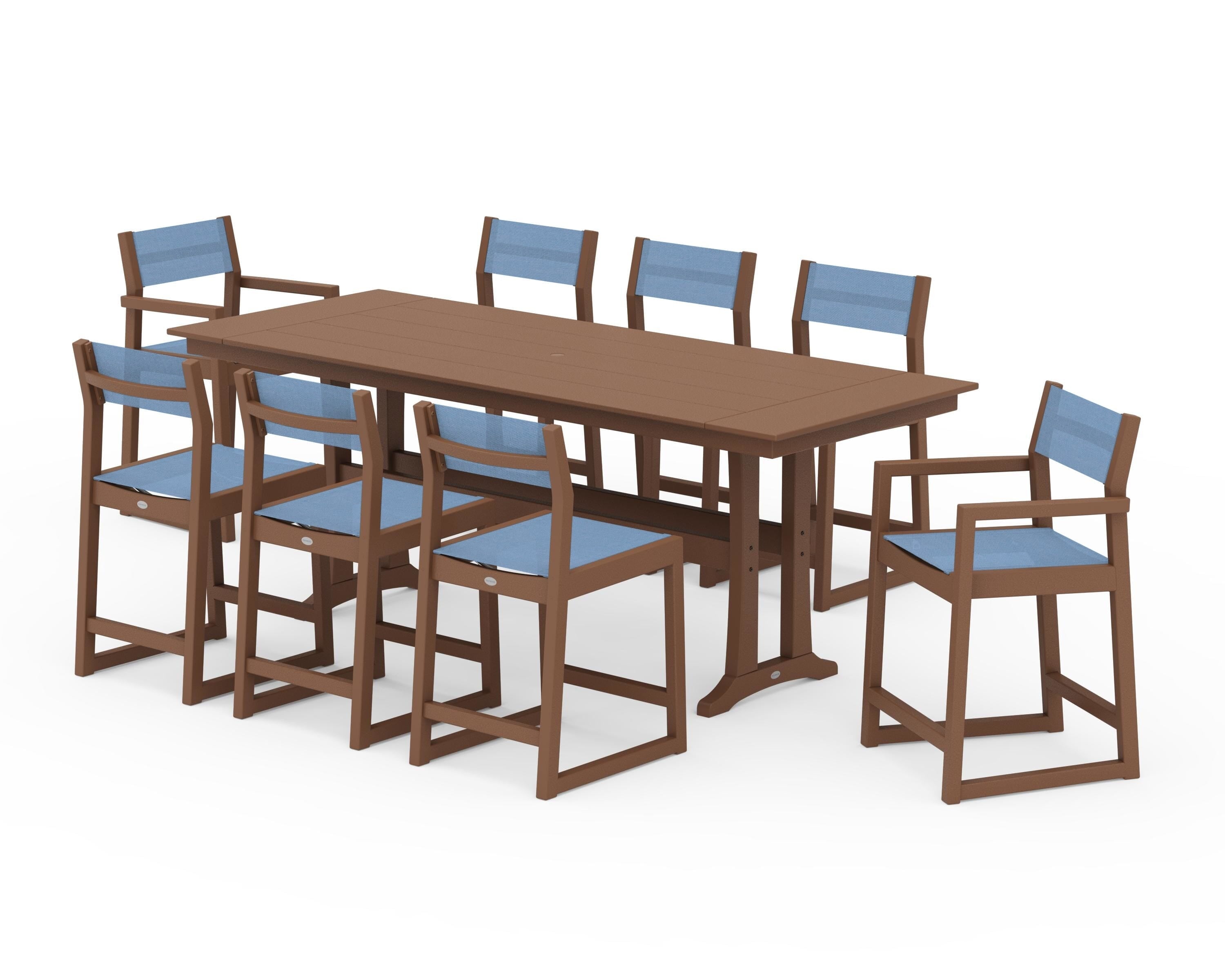 POLYWOOD EDGE Sling 9-Piece Farmhouse Counter Set with Trestle Legs in Teak / Poolside Sling