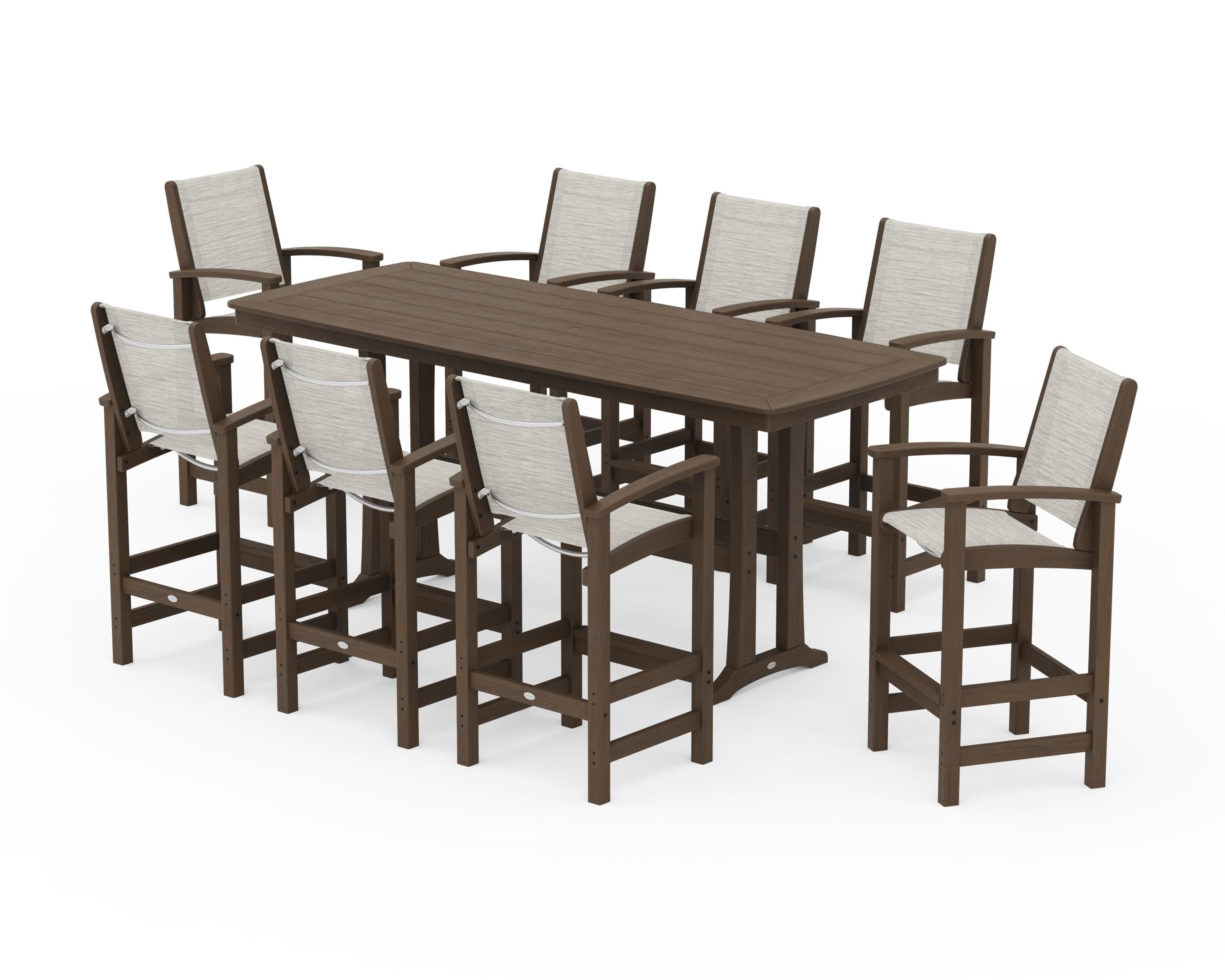 POLYWOOD Coastal 9-Piece Bar Set with Trestle Legs in Kona / Birch Sling