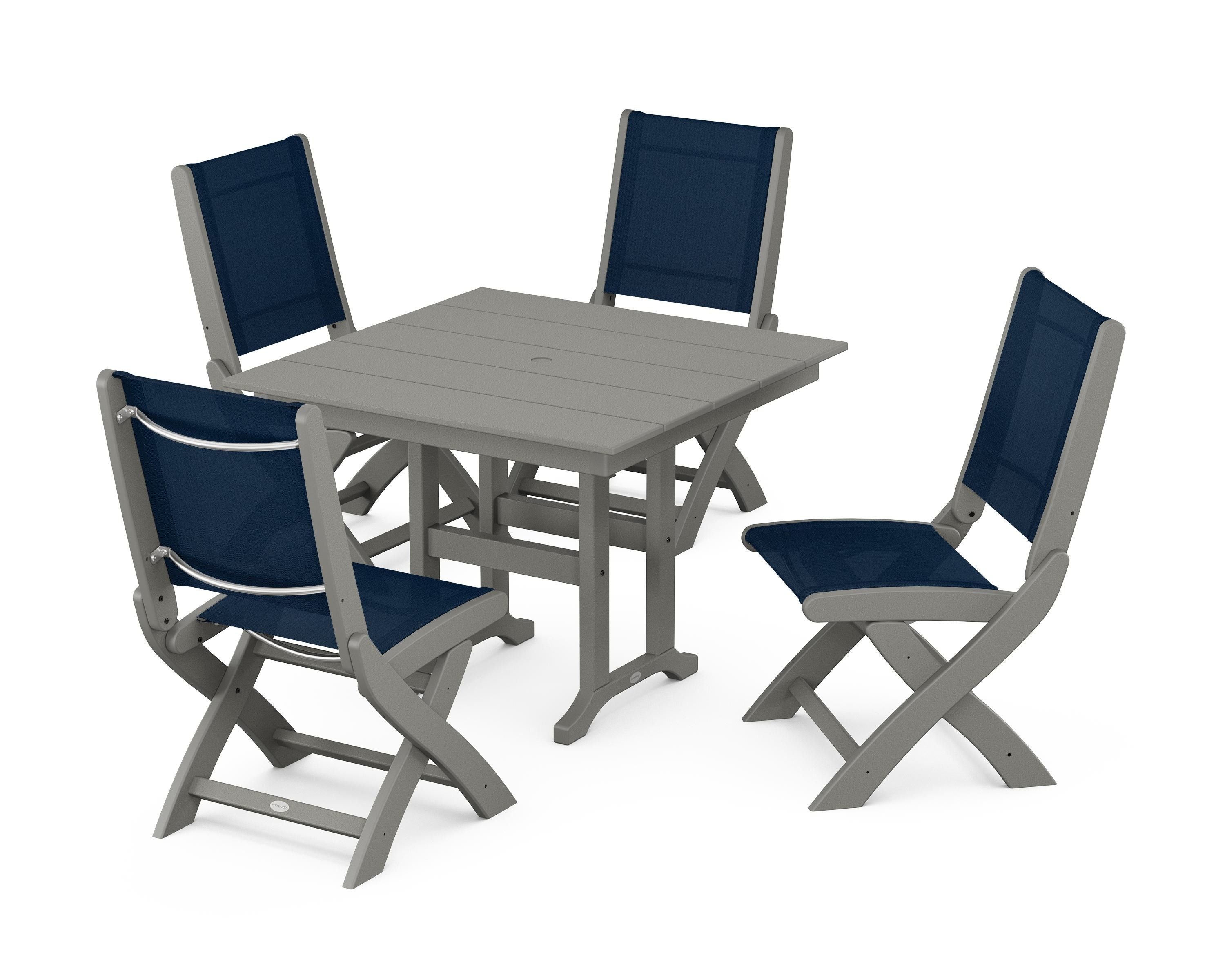 POLYWOOD Coastal Folding Side Chair 5-Piece Farmhouse Dining Set in Slate Grey / Navy Blue Sling