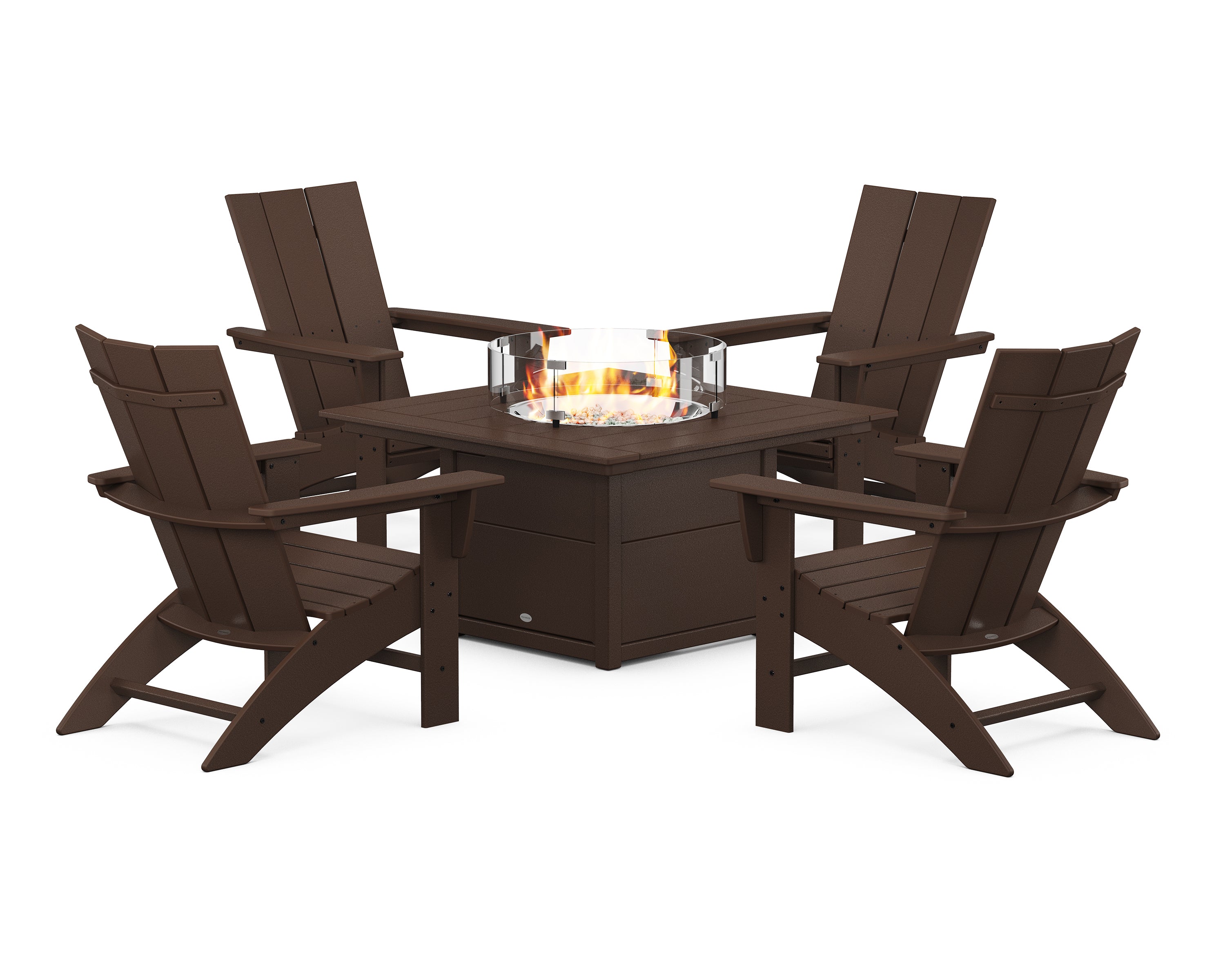 POLYWOOD® Modern Curveback Adirondack 5-Piece Conversation Set with Fire Pit Table in Mahogany