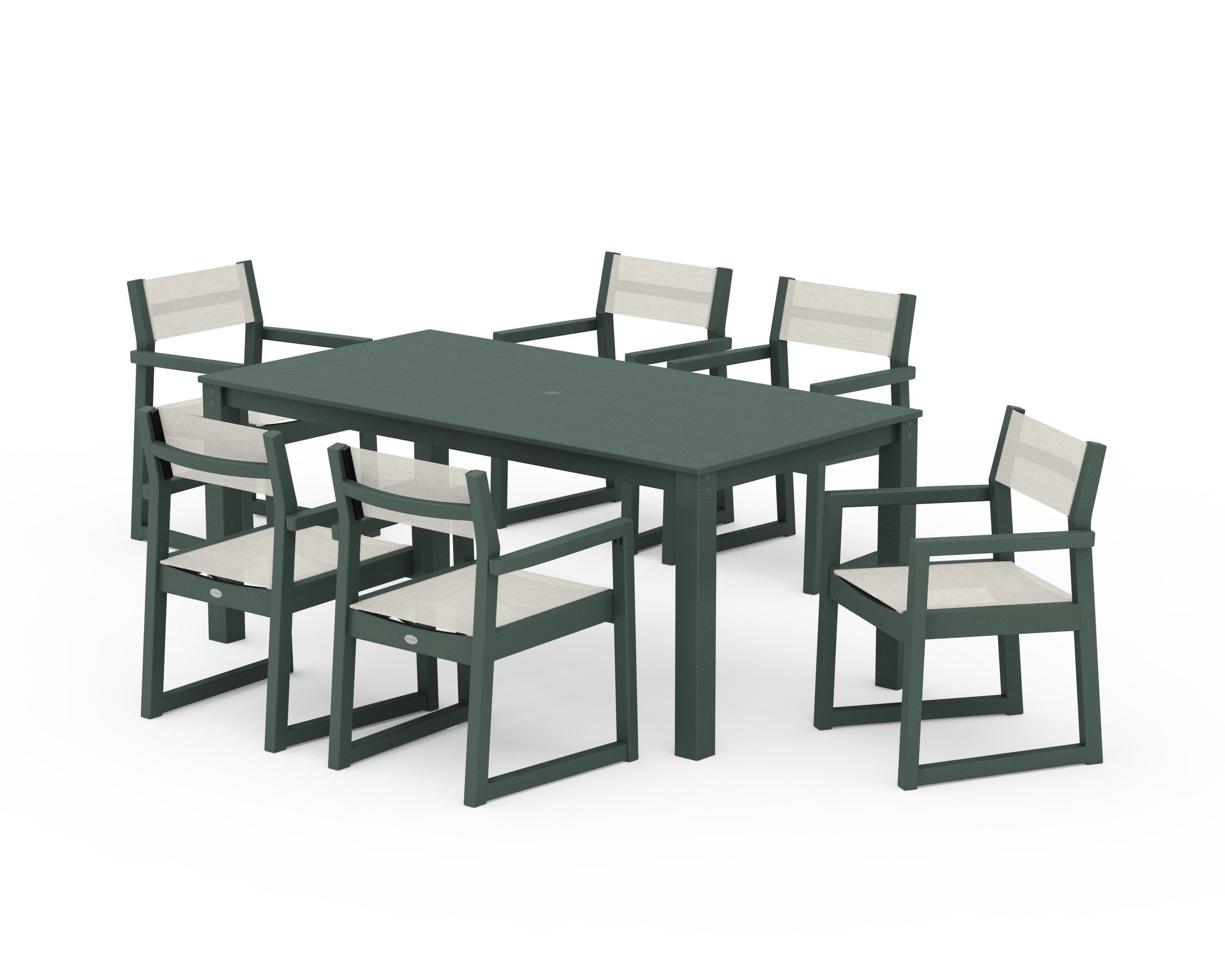 POLYWOOD EDGE Sling Arm Chair 7-Piece Parsons Dining Set in Green / Parchment Sling