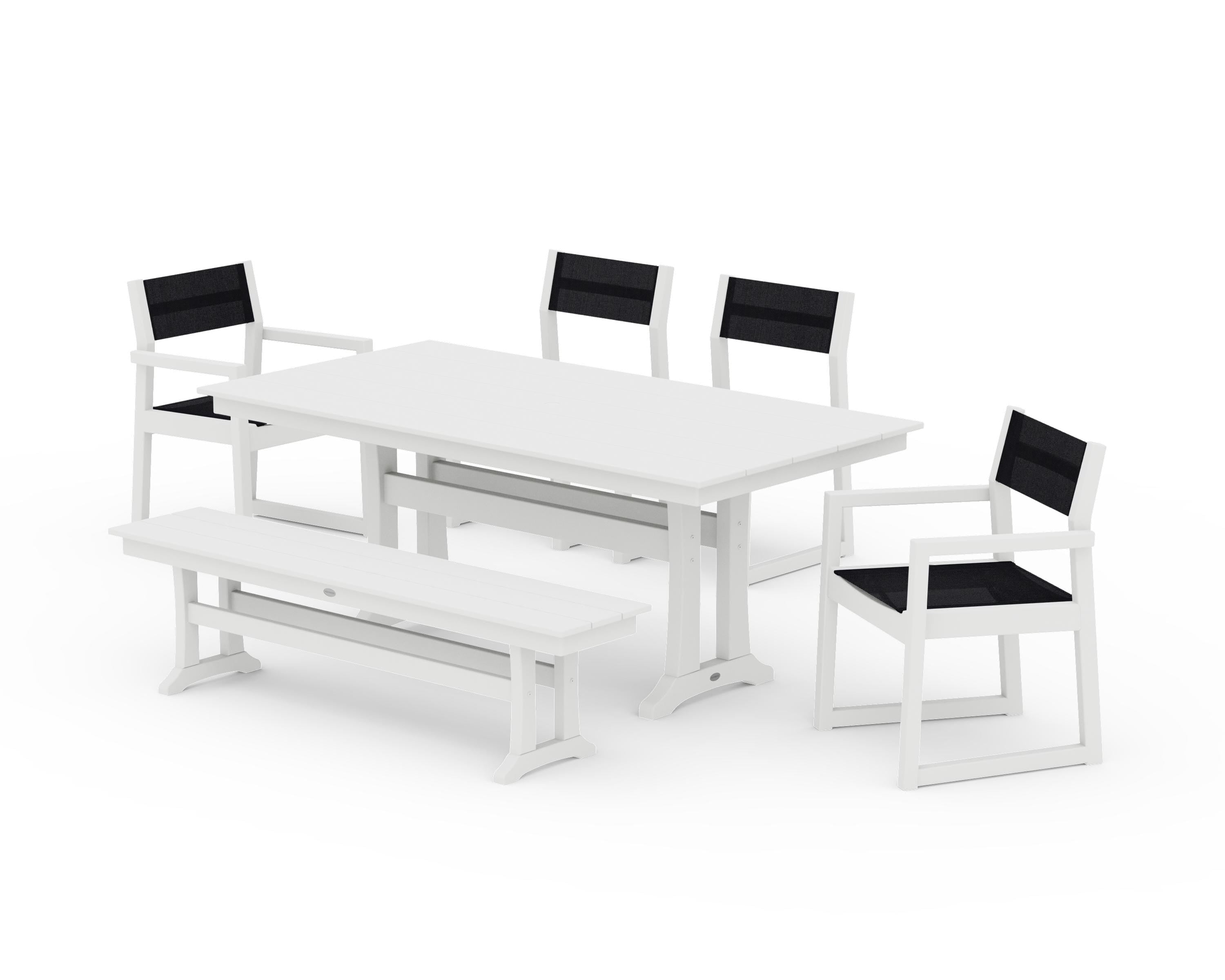 POLYWOOD EDGE Sling 6-Piece Farmhouse Dining Set With Trestle Legs in White / Black Sling