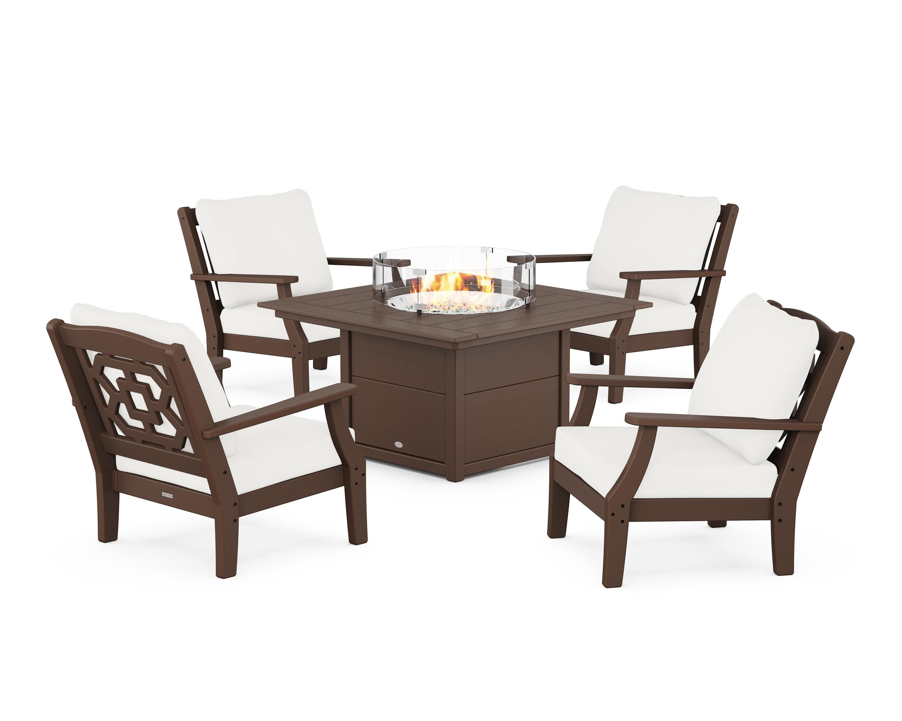 Martha Stewart by POLYWOOD Chinoiserie 5-Piece Deep Seating Set with Fire Pit Table in Mahogany / Natural Linen
