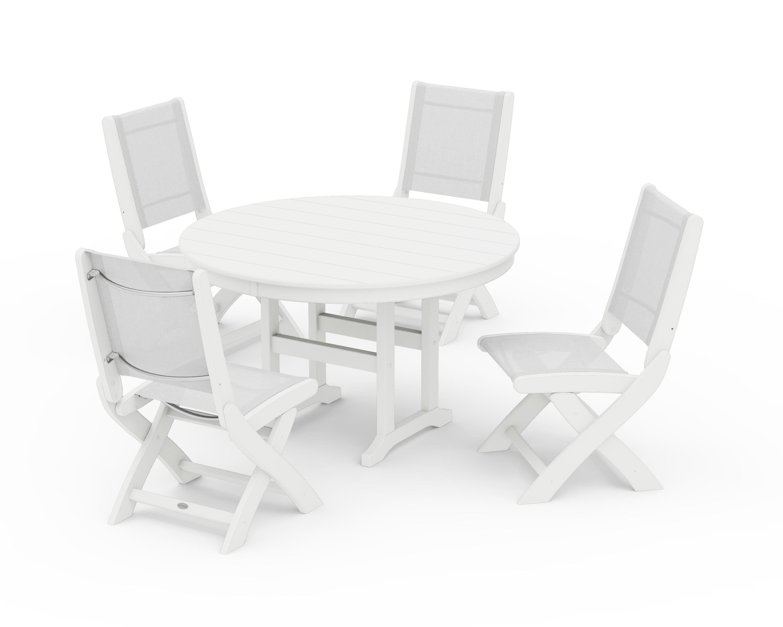 POLYWOOD Coastal Folding Side Chair 5-Piece Round Dining Set in White / White Sling