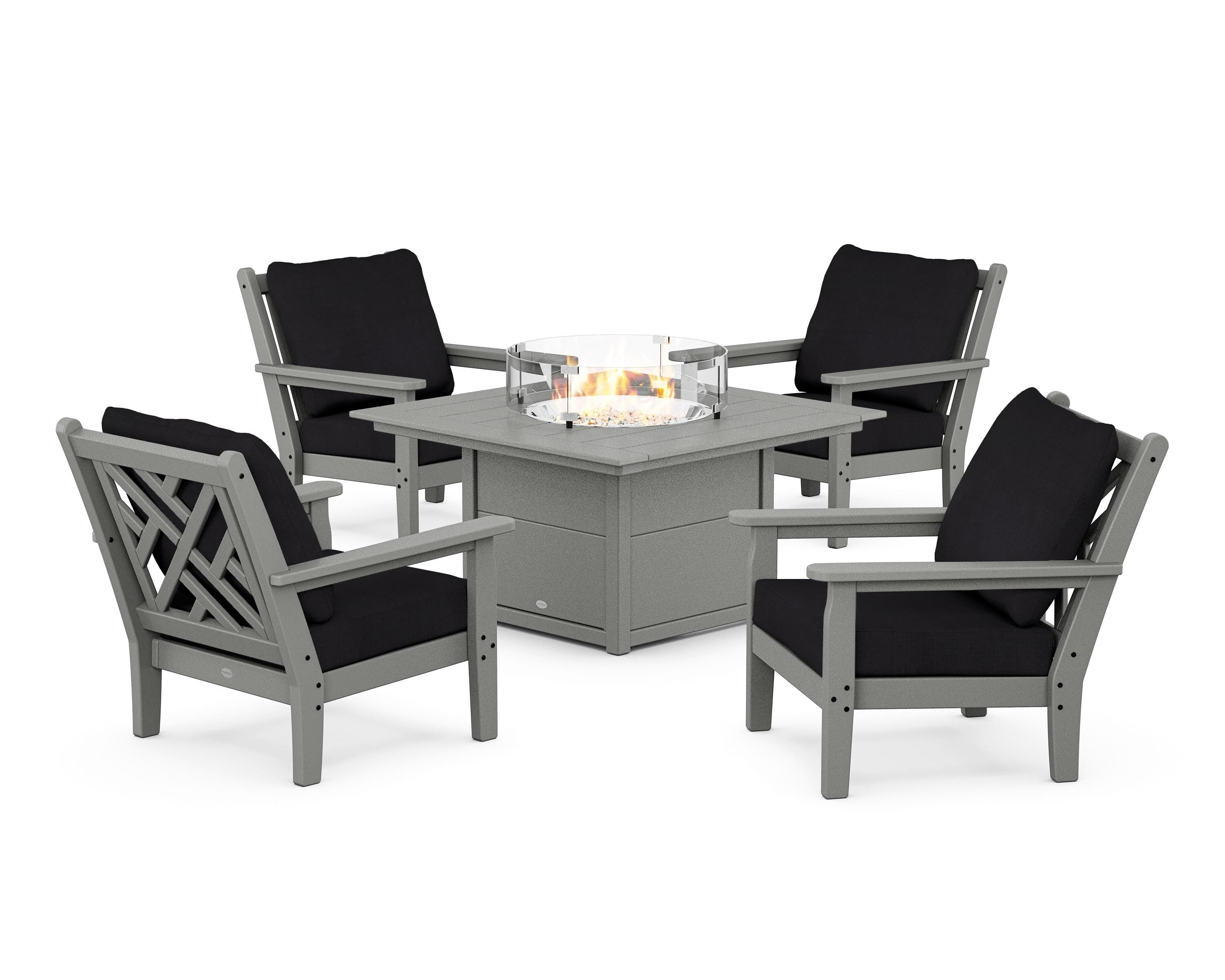 POLYWOOD Chippendale 5-Piece Deep Seating Set with Fire Pit Table in Slate Grey / Midnight Linen