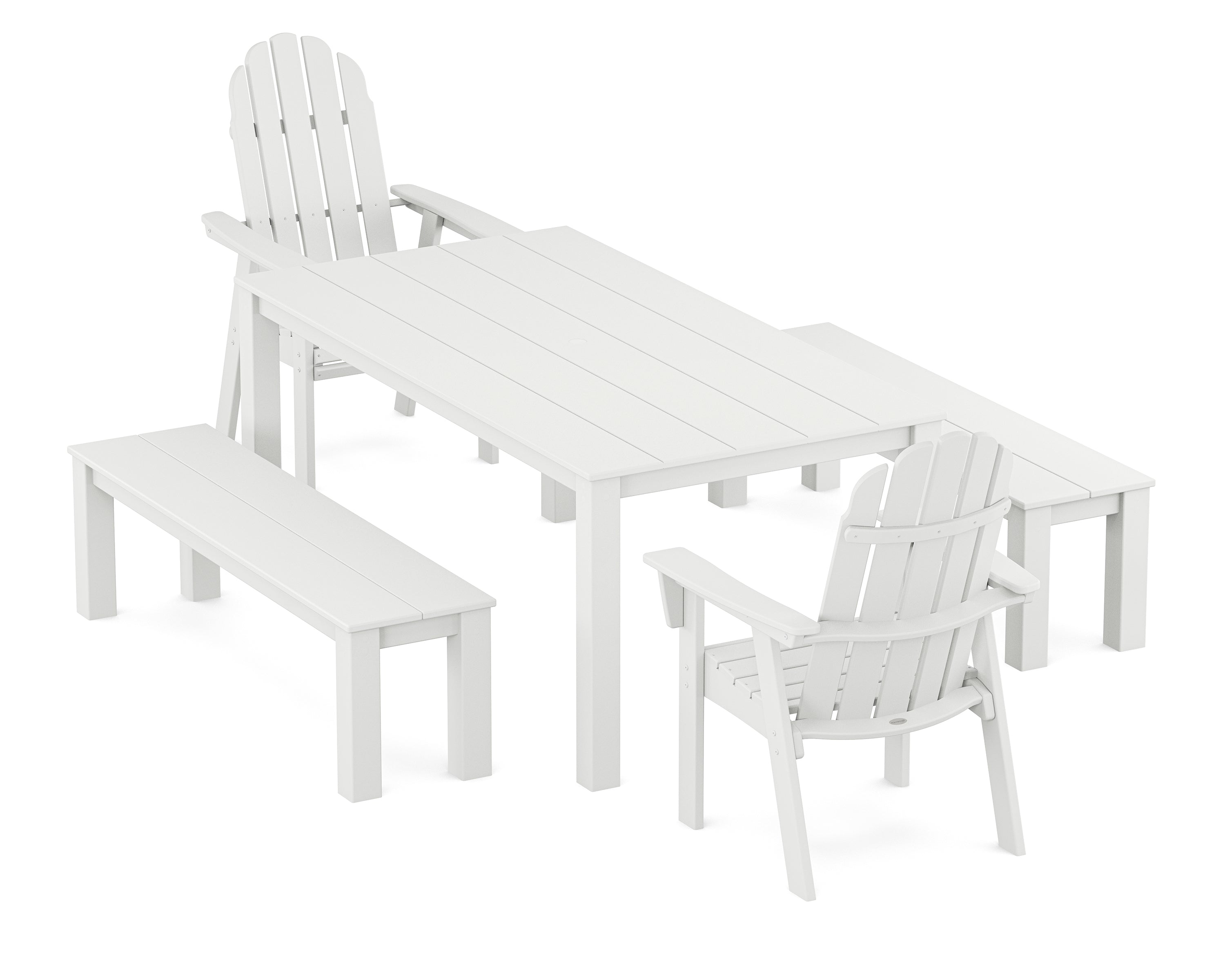 POLYWOOD® Vineyard Curveback Adirondack 5-Piece Parsons Dining Set with Benches in White