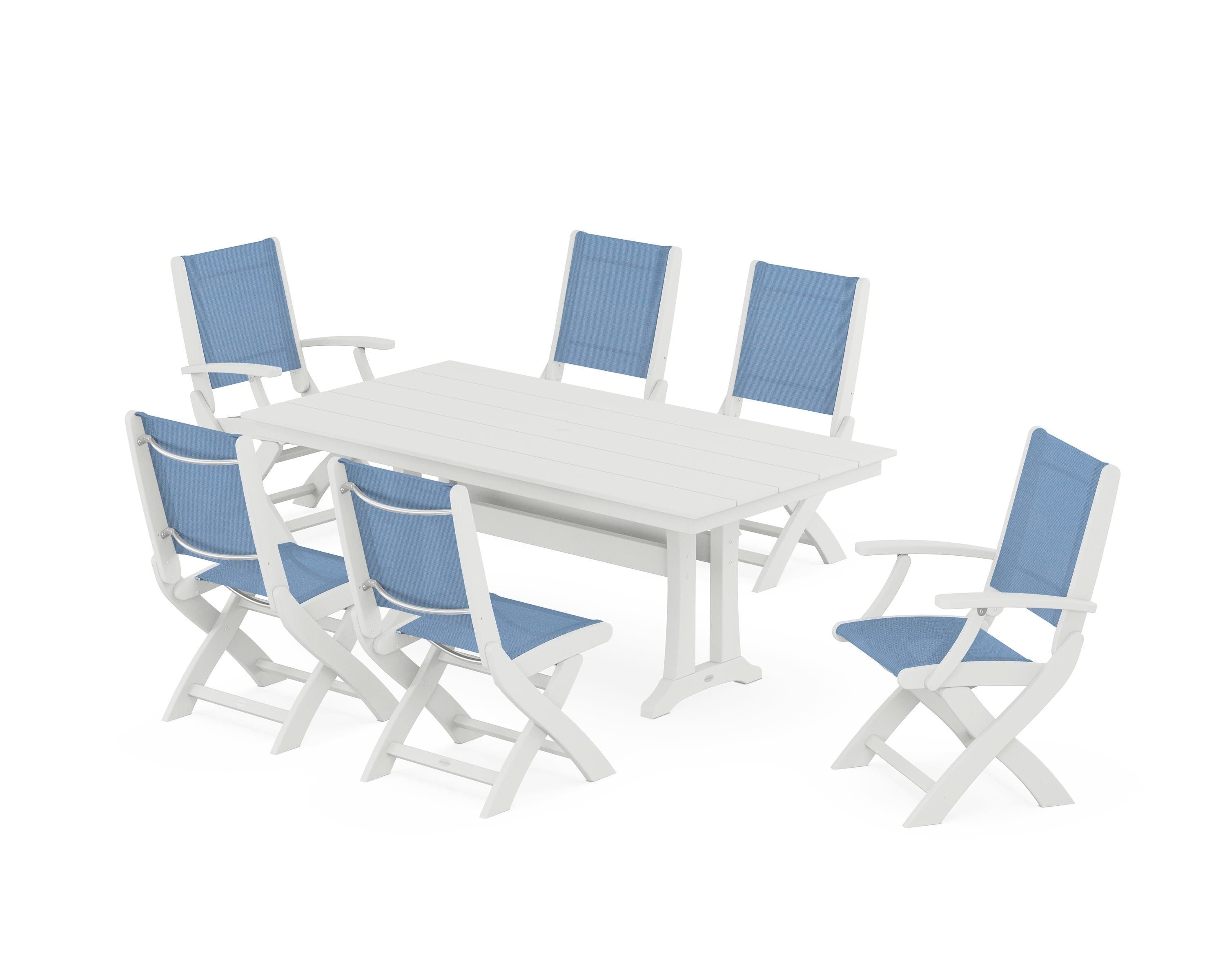 POLYWOOD Coastal Folding Chair 7-Piece Farmhouse Dining Set with Trestle Legs in Vintage White / Poolside Sling