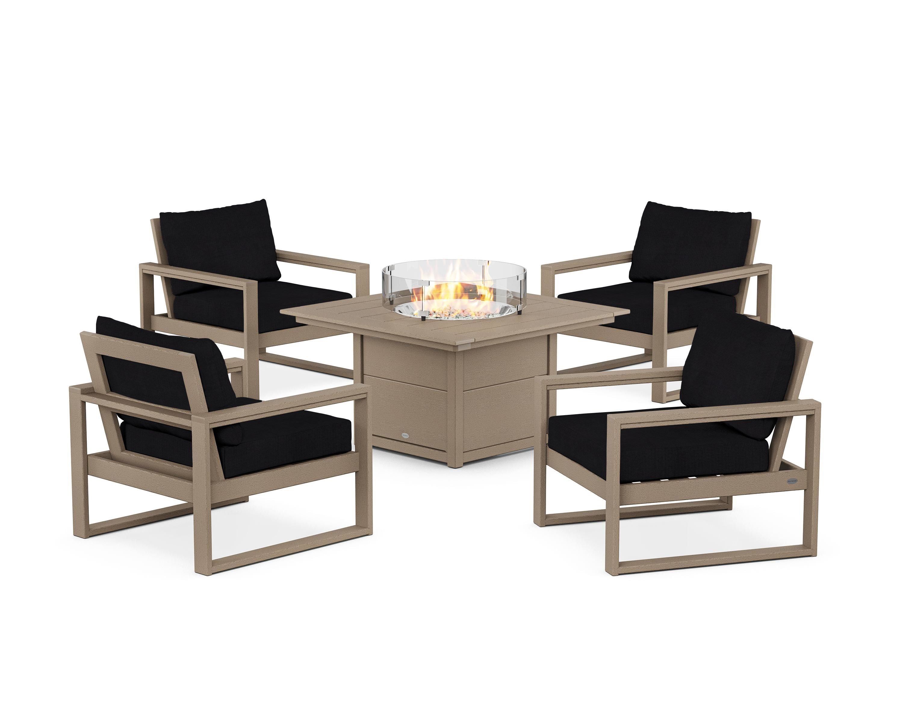 POLYWOOD EDGE Sectional 5-Piece Deep Seating Set with Fire Pit Table in Vintage Sahara / Midnight Linen