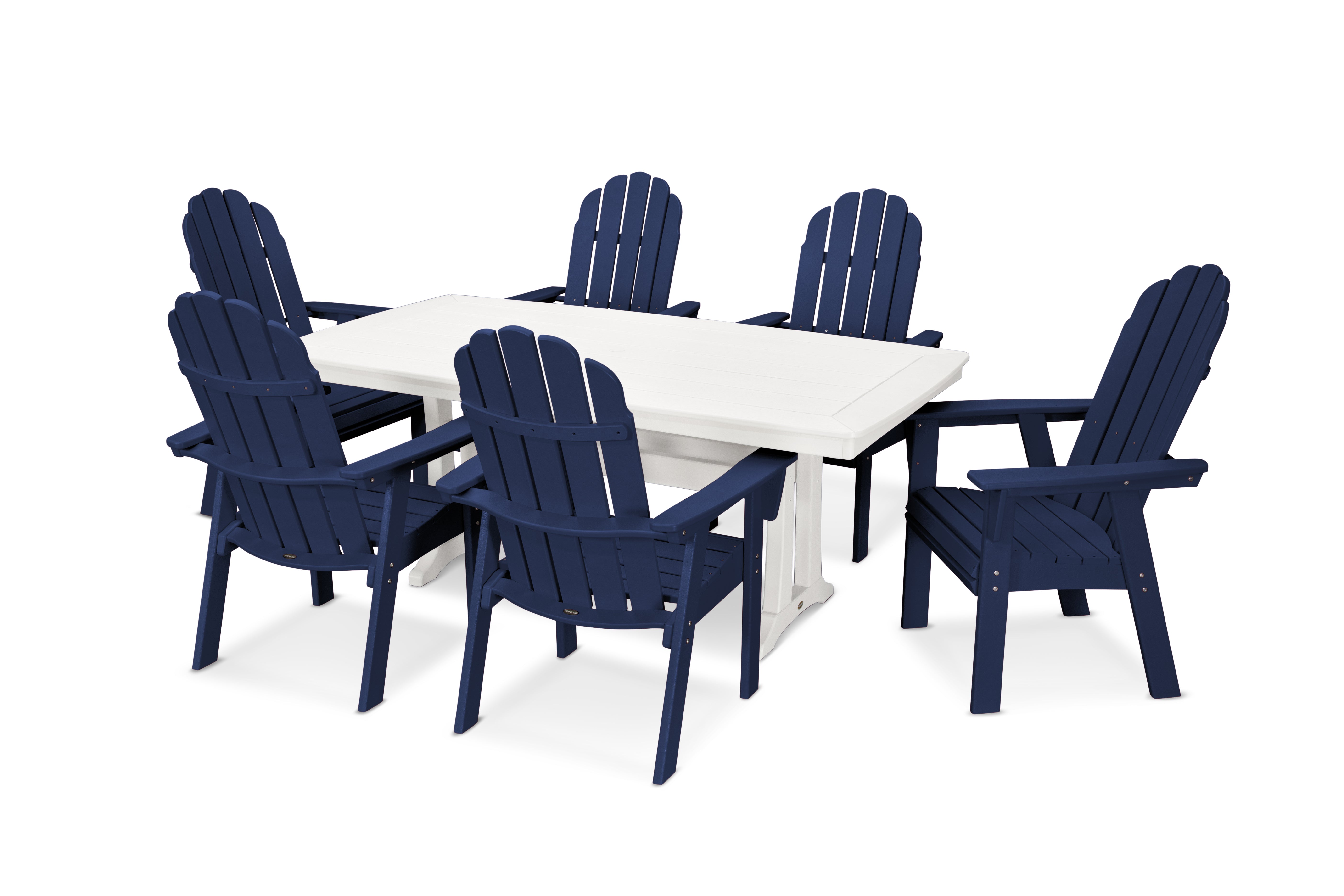 POLYWOOD® Vineyard Curveback Adirondack 7-Piece Dining Set with Trestle Legs in Navy / White