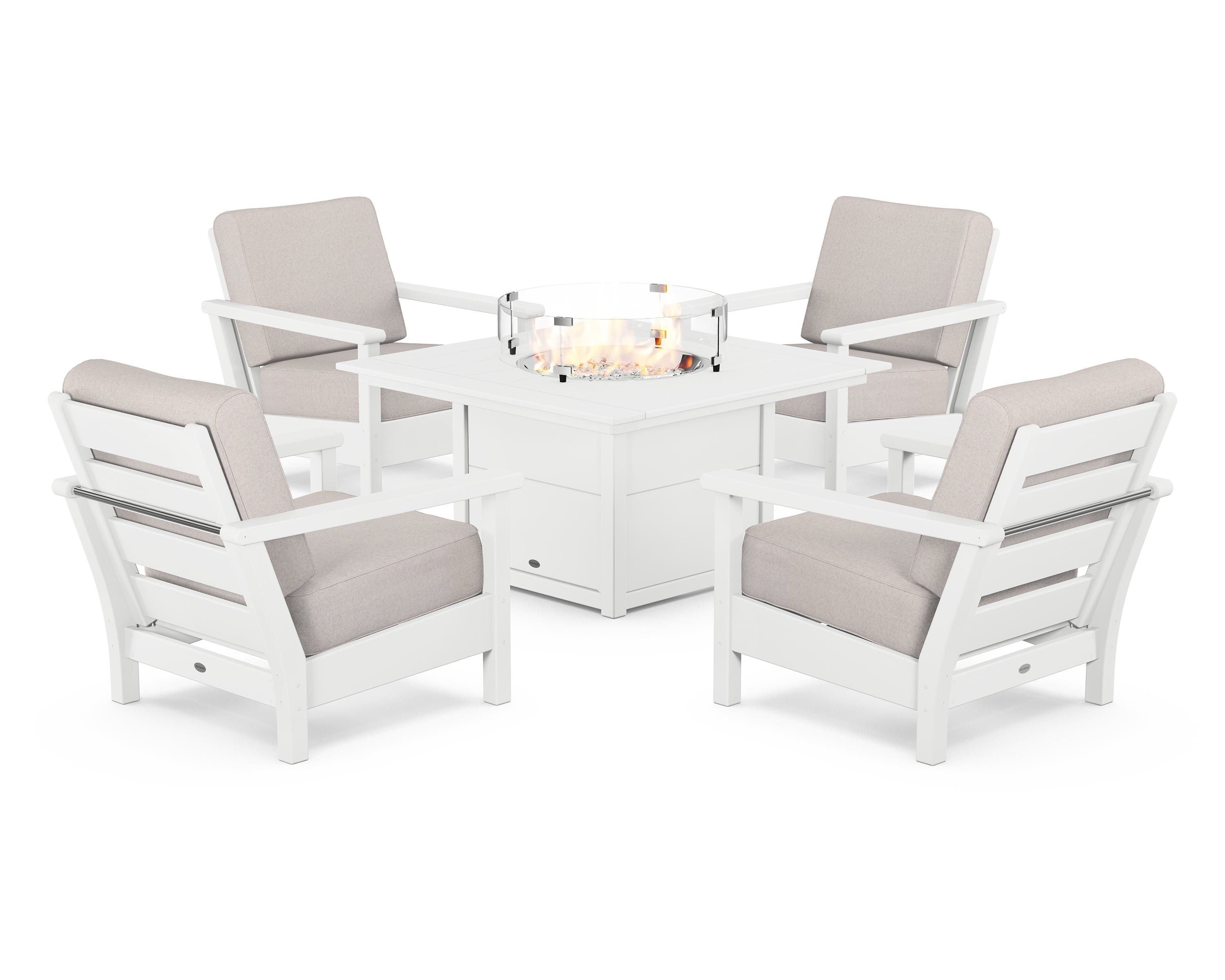 POLYWOOD Harbour 5-Piece Conversation Set with Fire Pit Table in White / Dune Burlap
