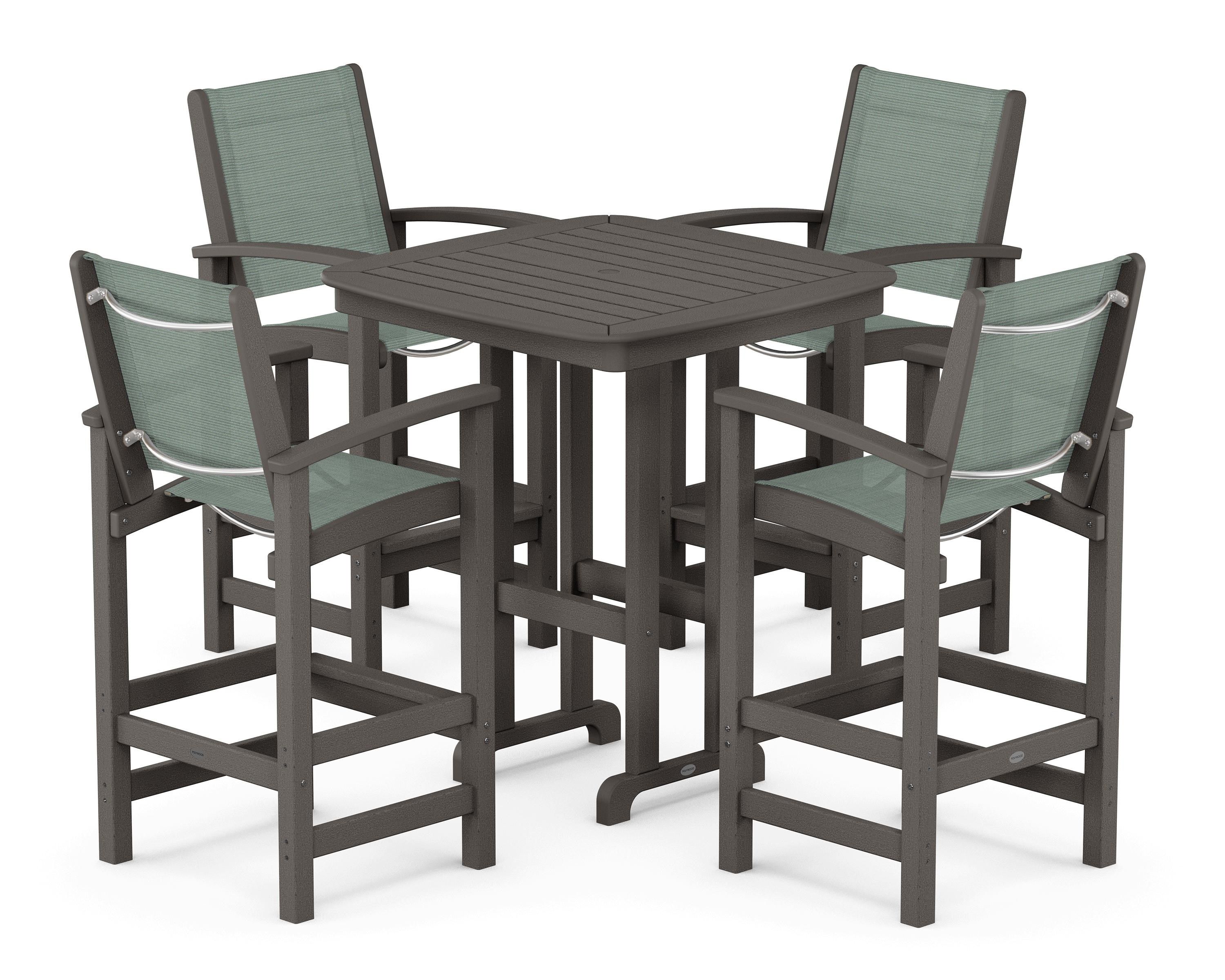 POLYWOOD Coastal 5-Piece Bar Set in Vintage Coffee / Dupioni Sea Mist Sling