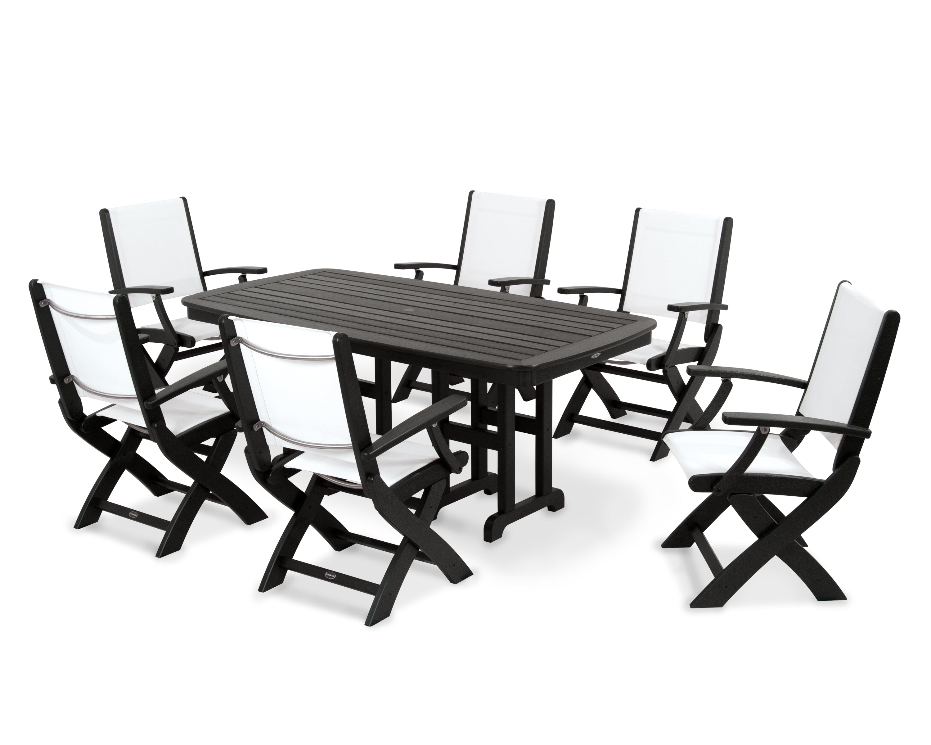 POLYWOOD Coastal Folding Arm Chair 7-Piece Dining Set in Black / White Sling