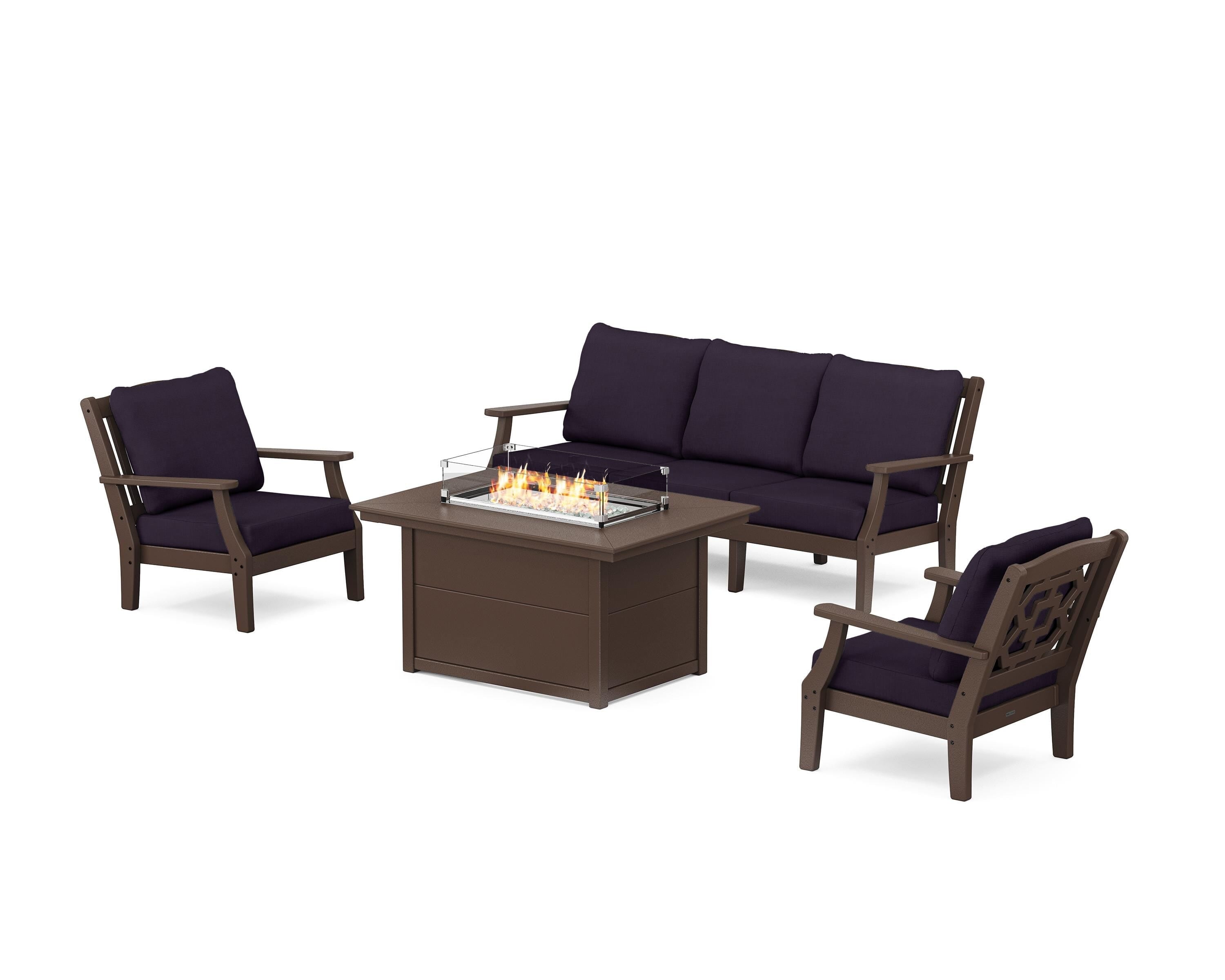 Martha Stewart by POLYWOOD Chinoiserie Deep Seating Fire Pit Table Set in Mahogany / Navy Linen