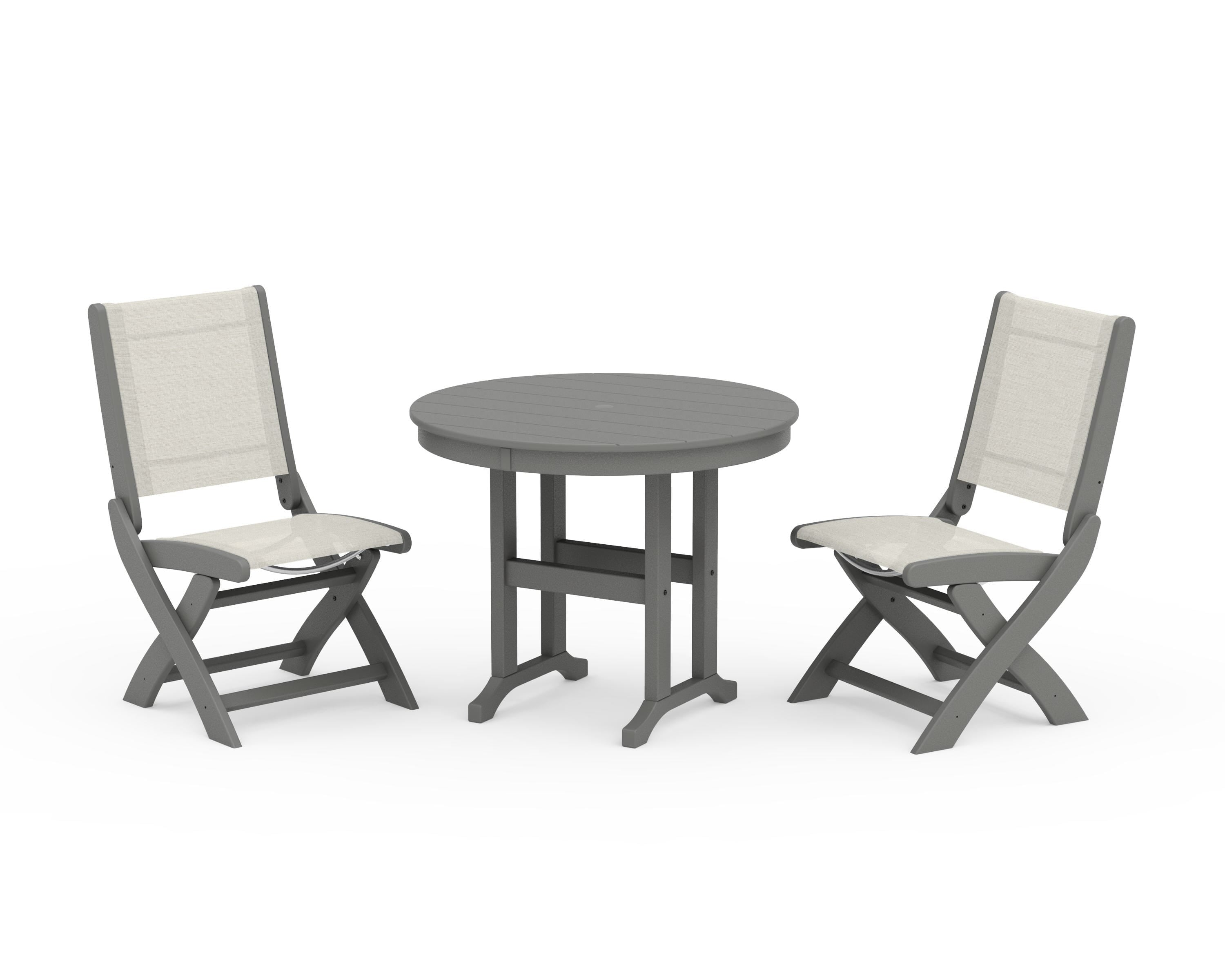 POLYWOOD Coastal Folding Side Chair 3-Piece Round Dining Set in Slate Grey / Parchment Sling