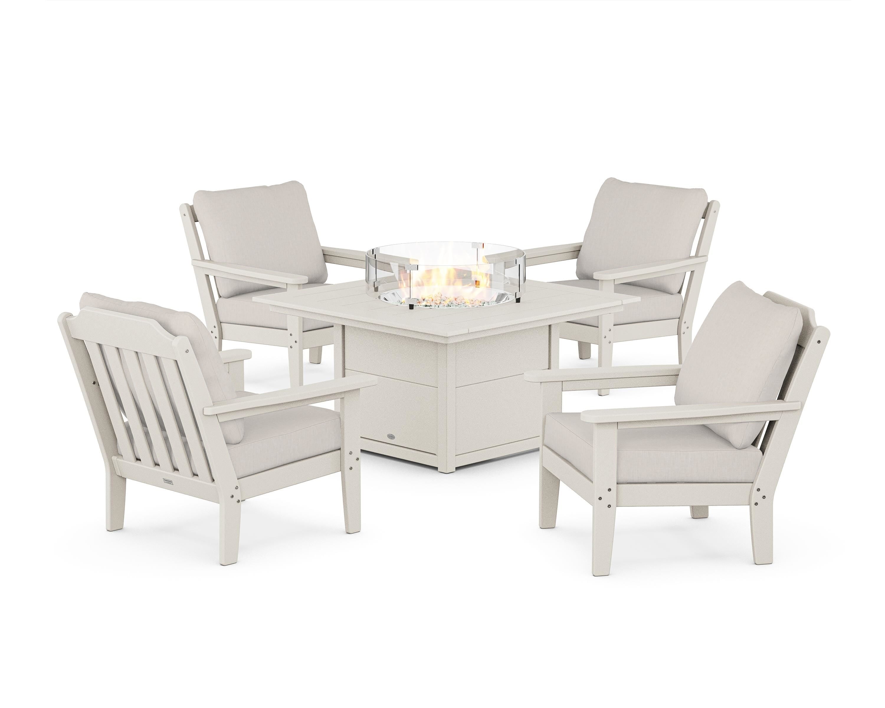 Country Living Cottage 5-Piece Deep Seating Set with Fire Pit Table in Sand / Cast Ash