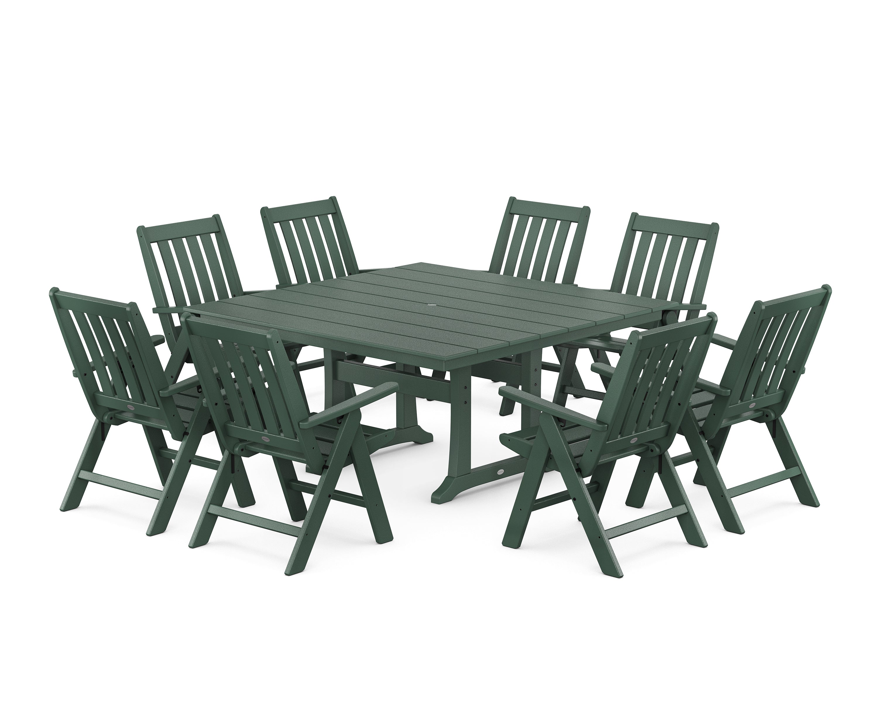 POLYWOOD Vineyard Folding Chair 9-Piece Square Farmhouse Dining Set with Trestle Legs in Green