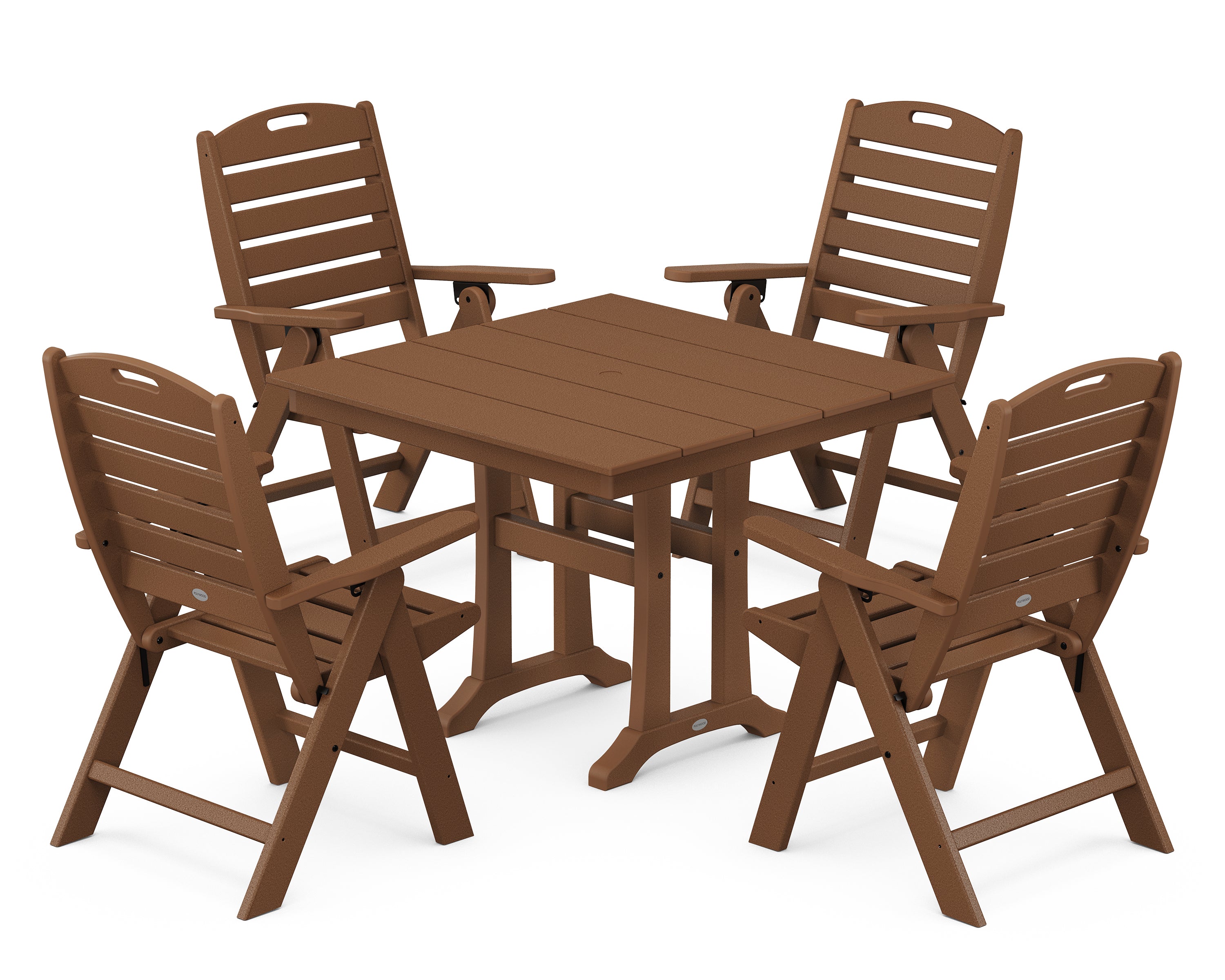 POLYWOOD Nautical Folding Highback Chair 5-Piece Farmhouse Trestle Dining Set in Teak