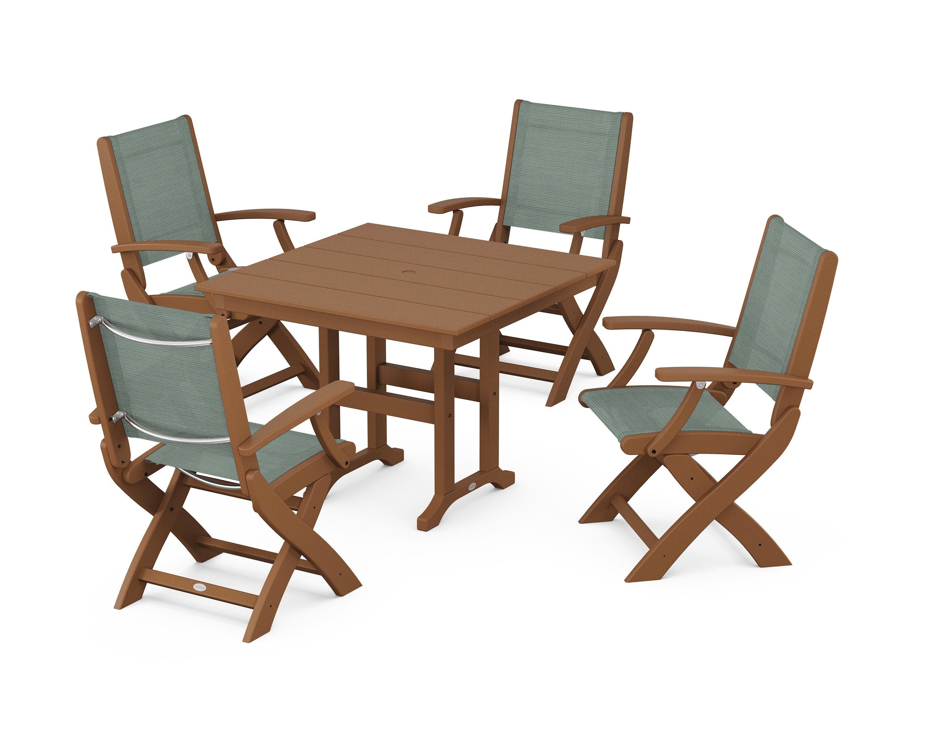 POLYWOOD Coastal Folding Chair 5-Piece Farmhouse Dining Set in Teak / Dupioni Sea Mist Sling