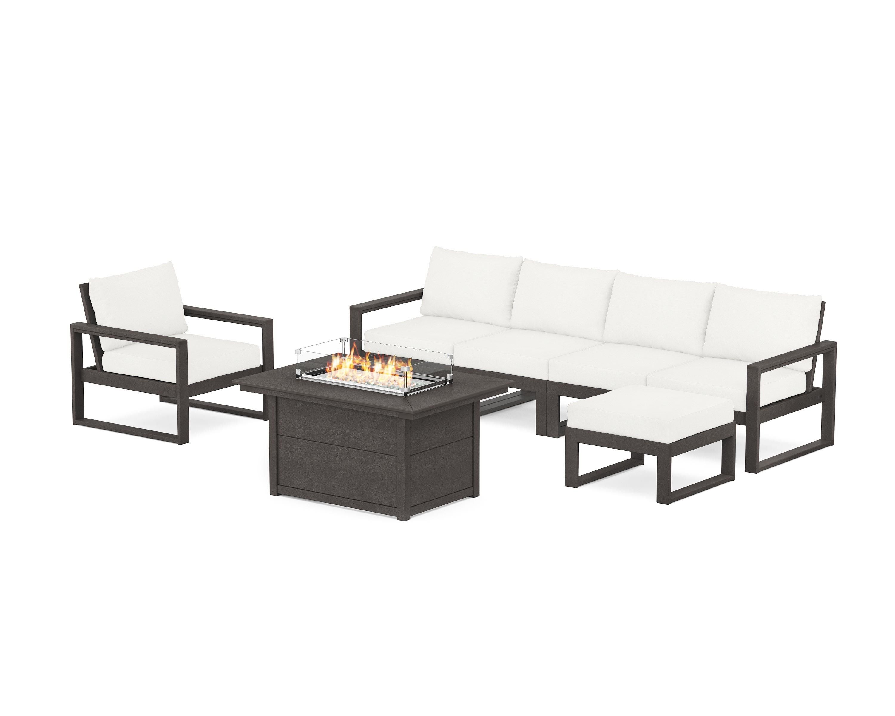 POLYWOOD EDGE Sectional Lounge and Fire Pit Set in Vintage Coffee / Natural Linen