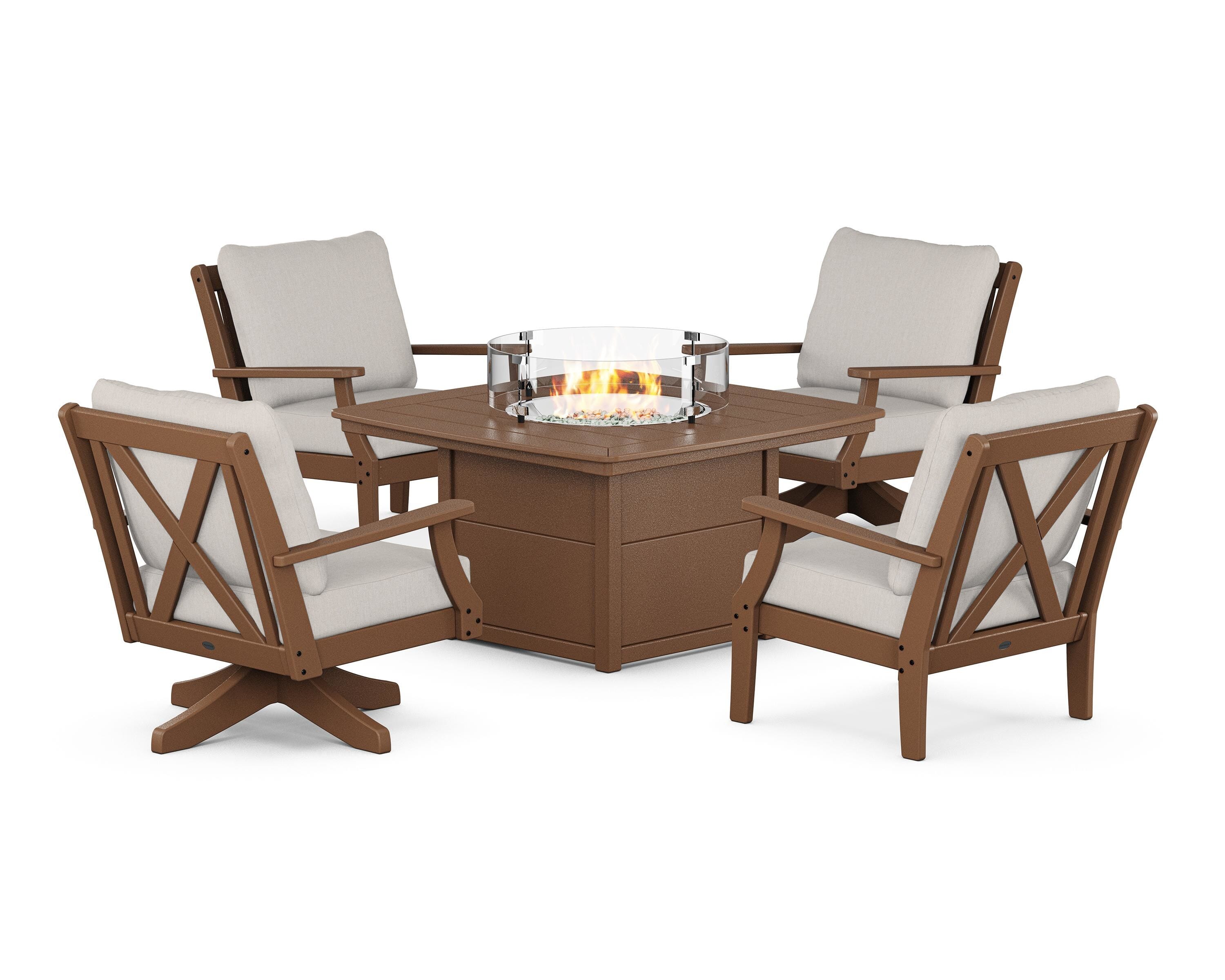 POLYWOOD Braxton 5-Piece Deep Seating Set with Fire Table in Teak / Cast Ash