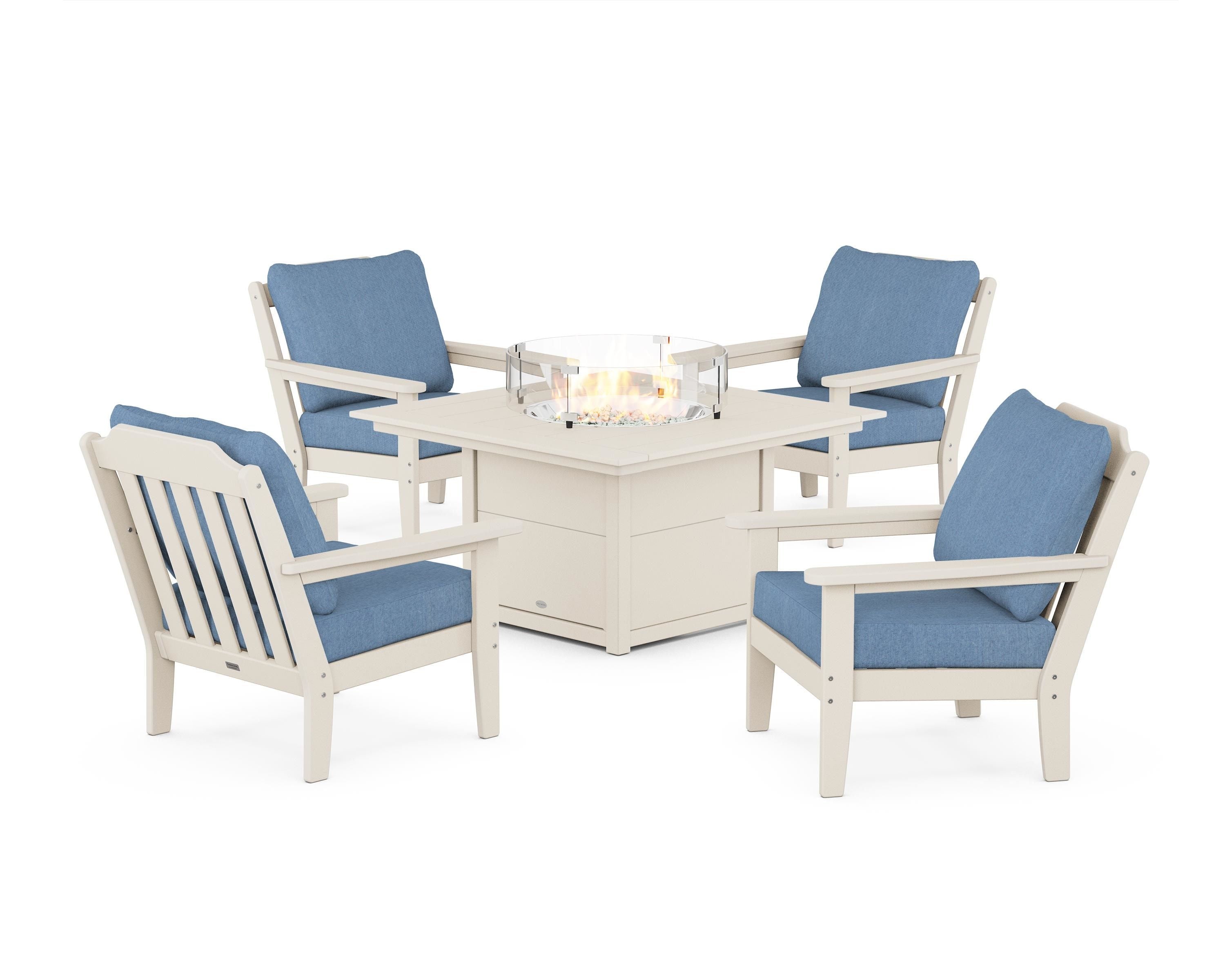 Country Living Cottage 5-Piece Deep Seating Set with Fire Pit Table in Sand / Sky Blue