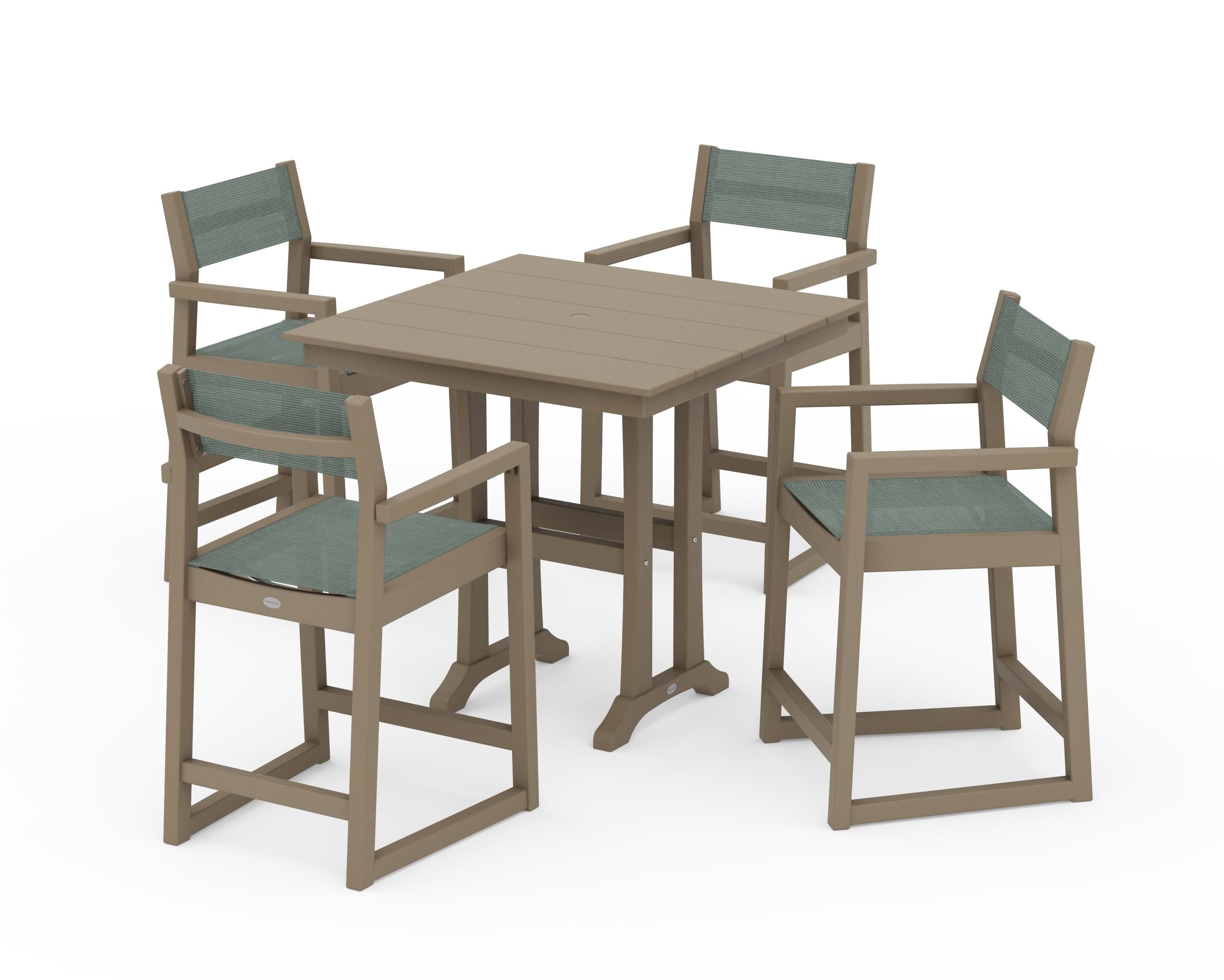 POLYWOOD EDGE Sling Arm Chair 5-Piece Farmhouse Counter Set with Trestle Legs in Vintage Sahara / Dupioni Sea Mist Sling