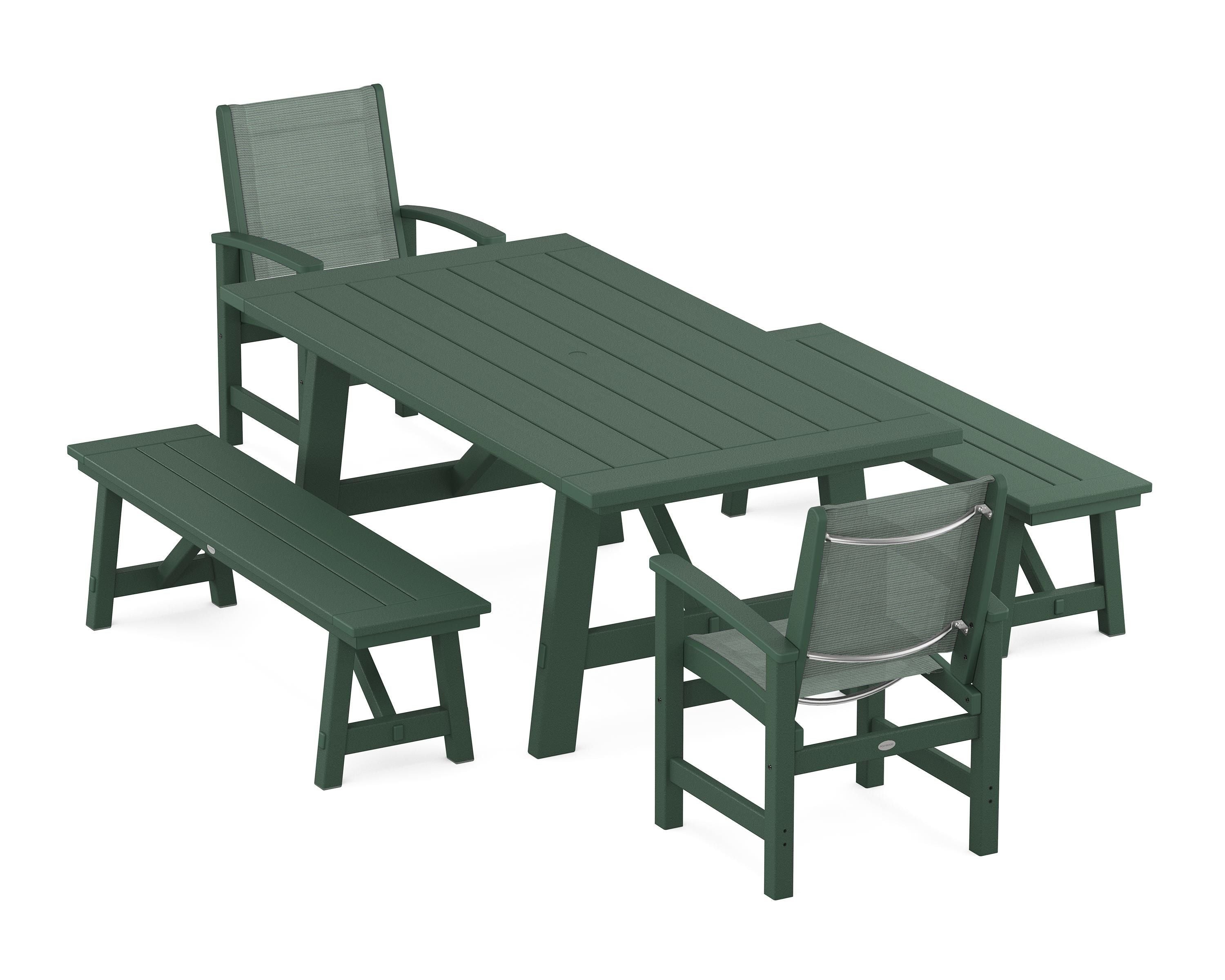 POLYWOOD Coastal 5-Piece Rustic Farmhouse Dining Set With Benches in Green / Dupioni Sea Mist Sling