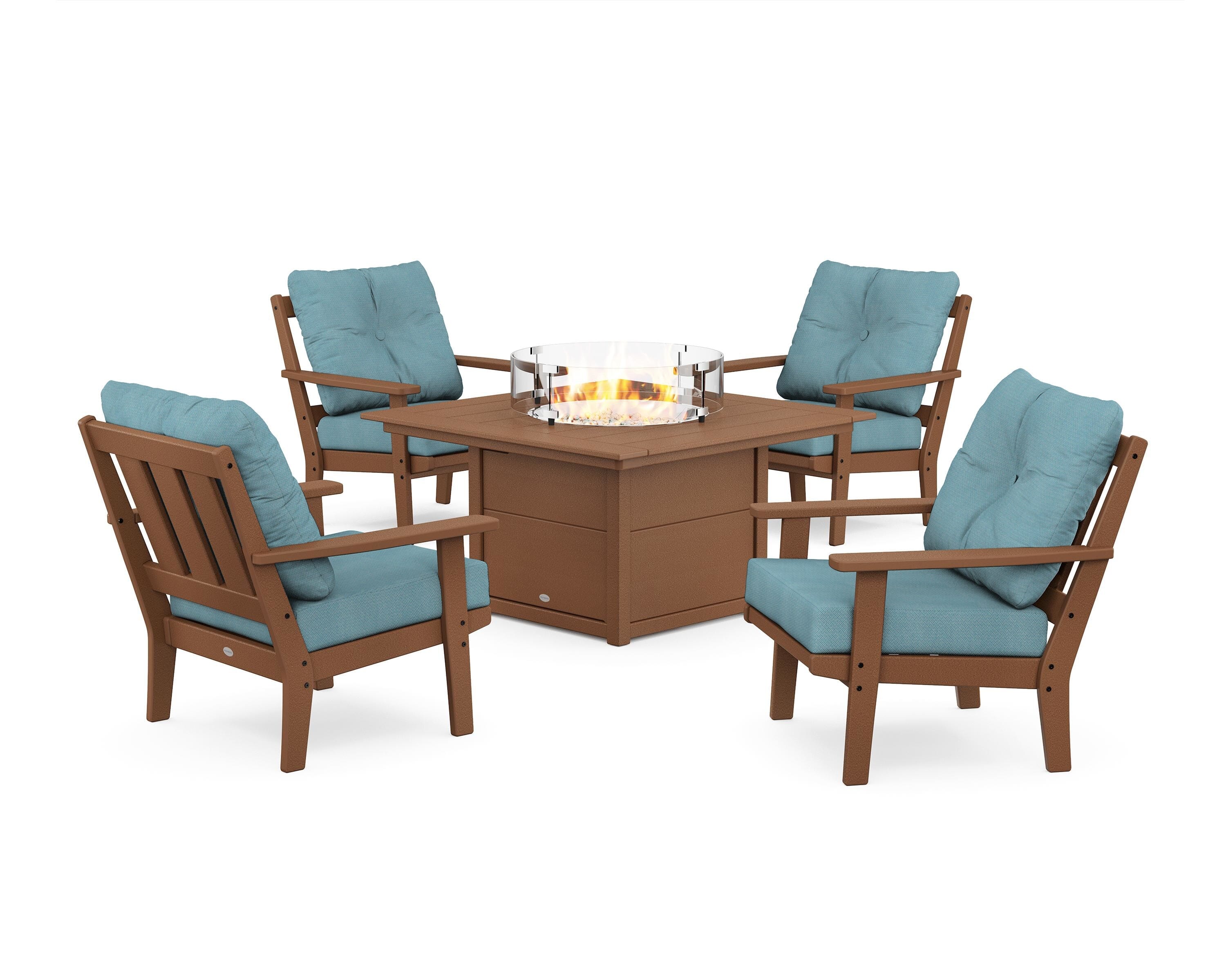 POLYWOOD Oxford 5-Piece Deep Seating Set with Fire Pit Table in Teak / Lattice Sky Blue
