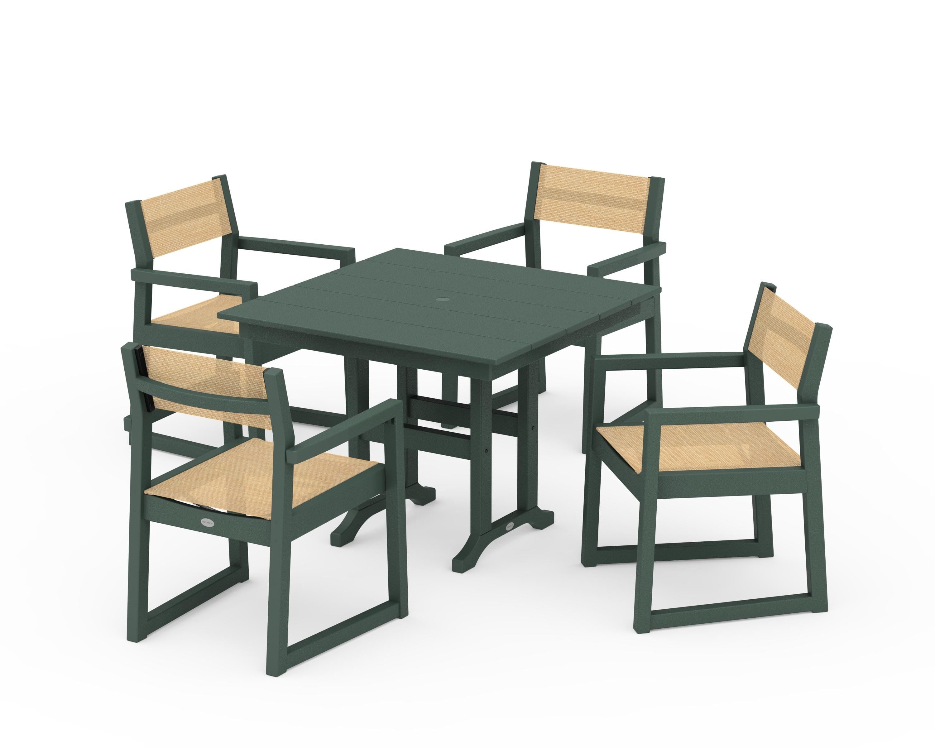 POLYWOOD EDGE Sling Arm Chair 5-Piece Farmhouse Dining Set in Green / Dupioni Apricot Sling