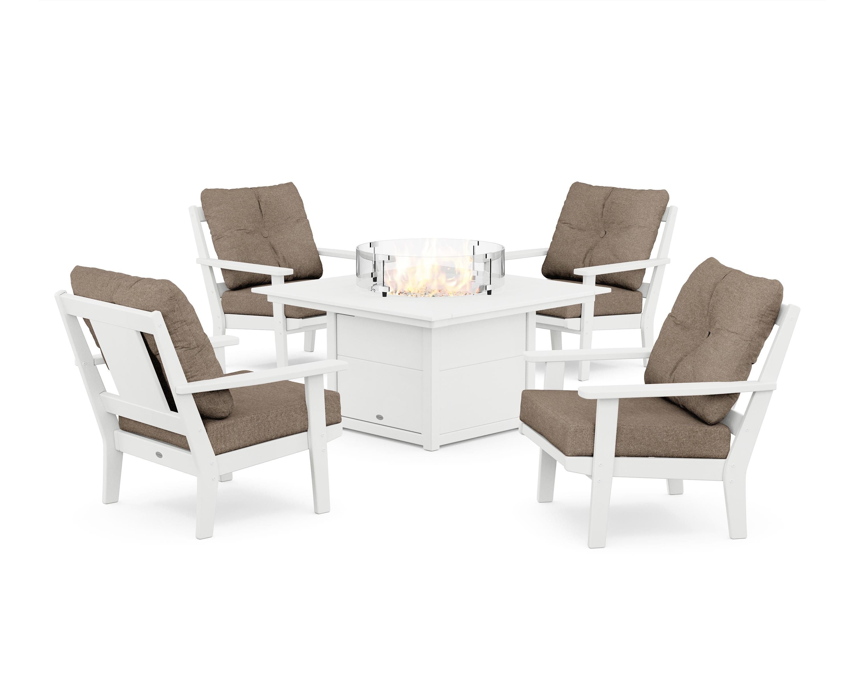 POLYWOOD Prairie 5-Piece Deep Seating Set with Fire Pit Table in White / Spiced Burlap