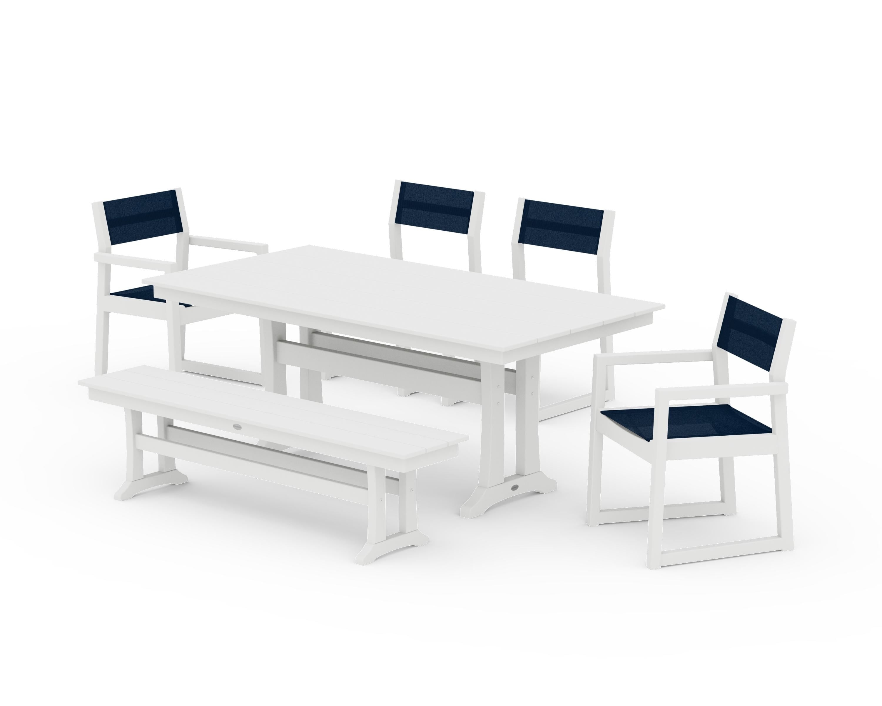 POLYWOOD EDGE Sling 6-Piece Farmhouse Dining Set With Trestle Legs in White / Navy Blue Sling