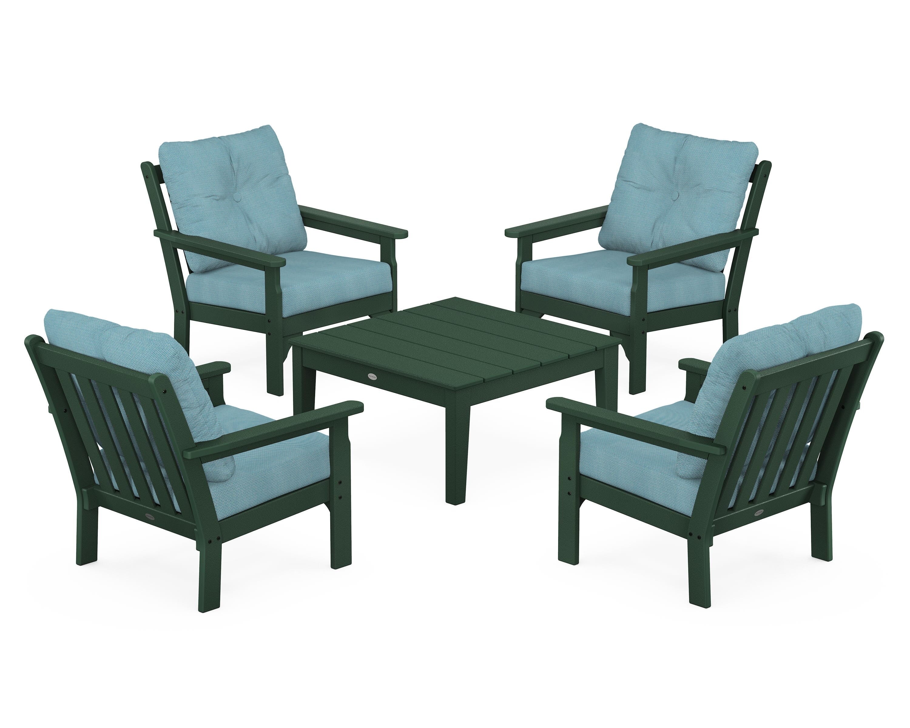 POLYWOOD Vineyard 5-Piece Deep Seating Conversation Set in Green / Lattice Sky Blue