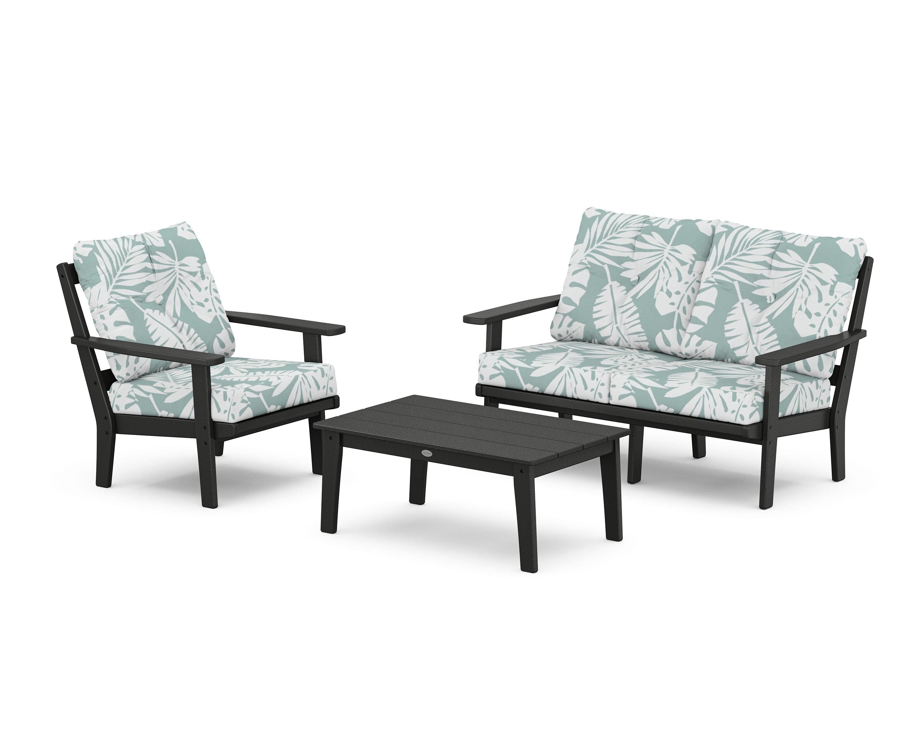 POLYWOOD Oxford 3-Piece Deep Seating Set with Loveseat in Black / Leaf Glacier Spa