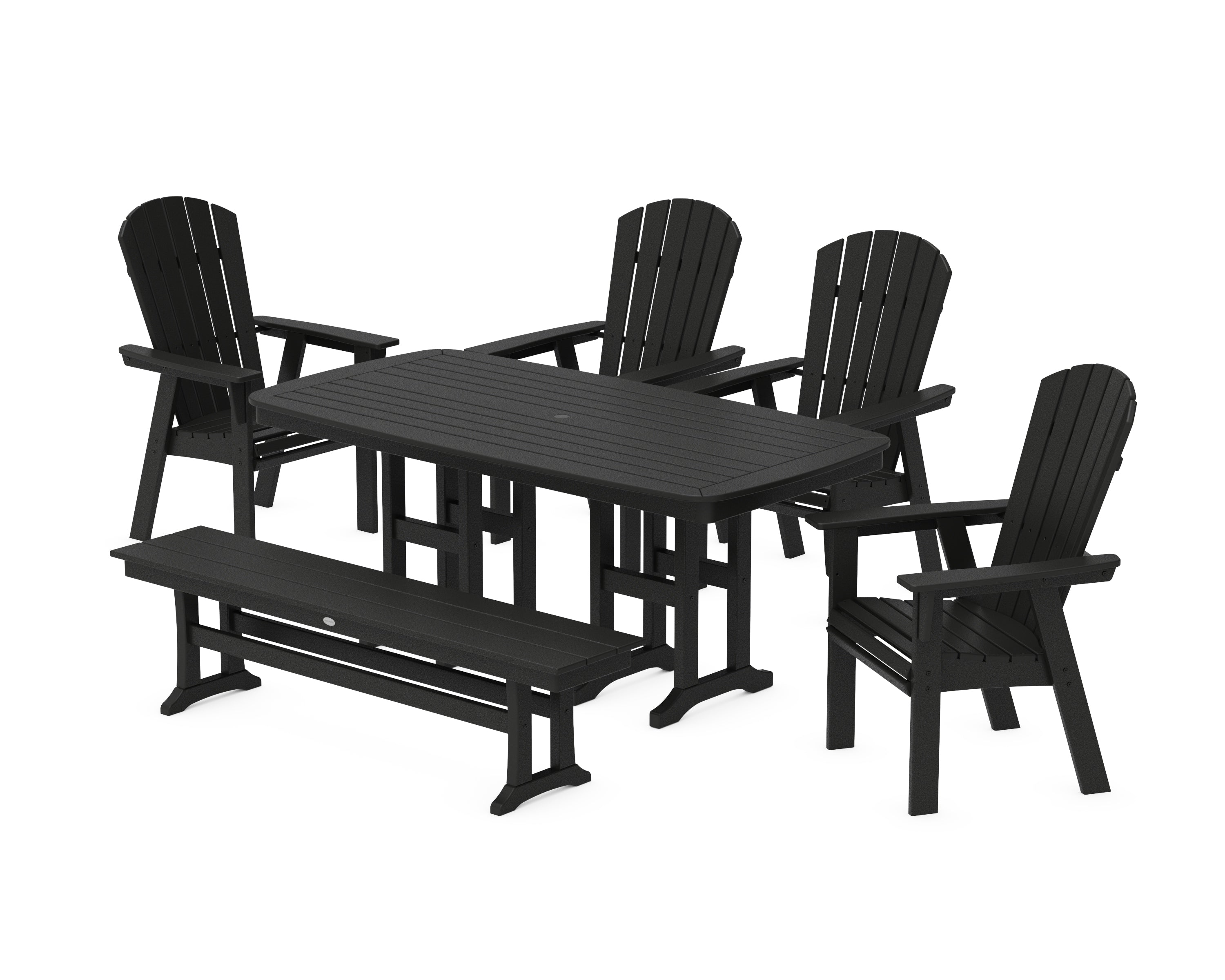 POLYWOOD Nautical Curveback Adirondack 6-Piece Dining Set with Bench in Black