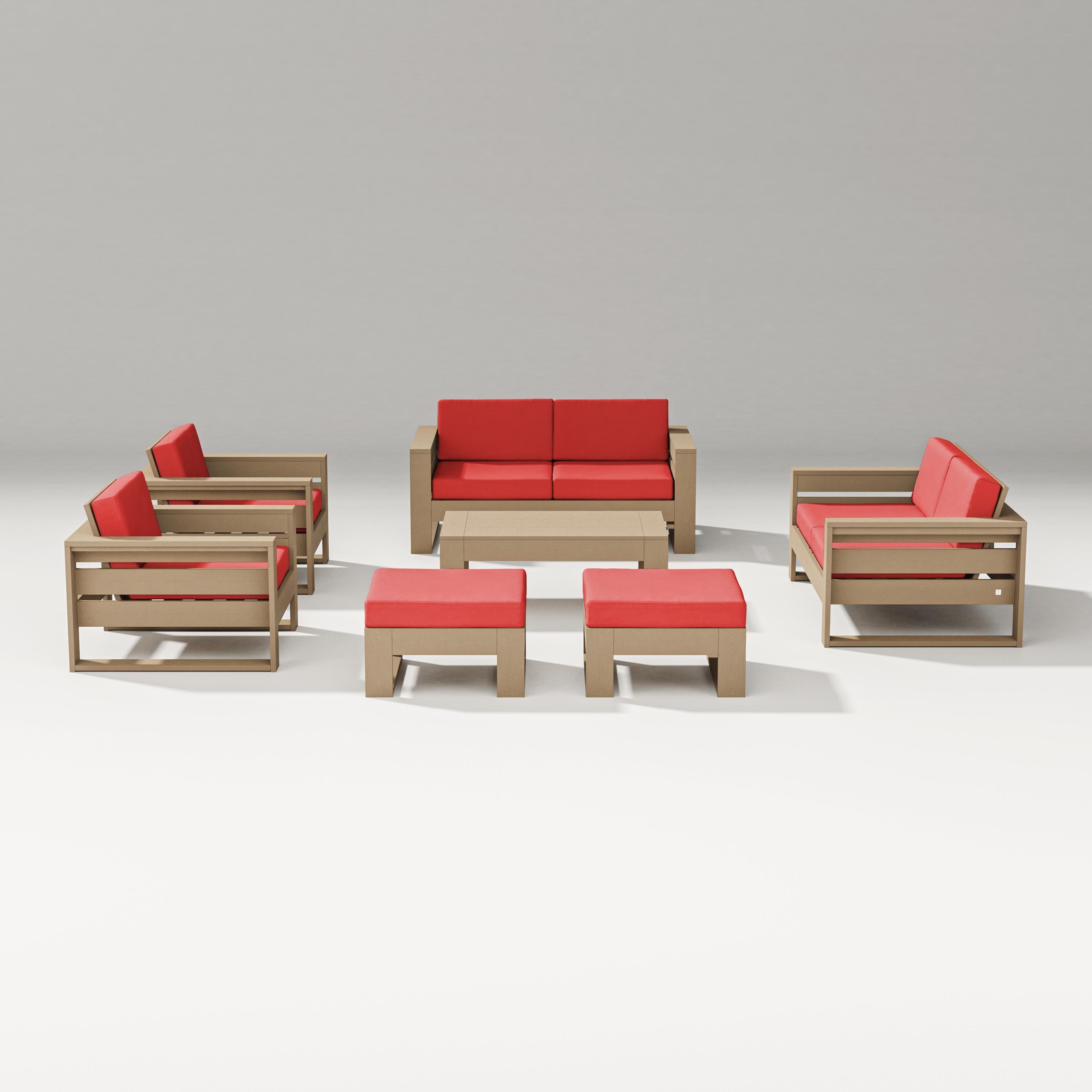 PW Designer Series Latitude 7-Piece Lounge Loveseat Set in Vintage Sahara / Crimson Linen