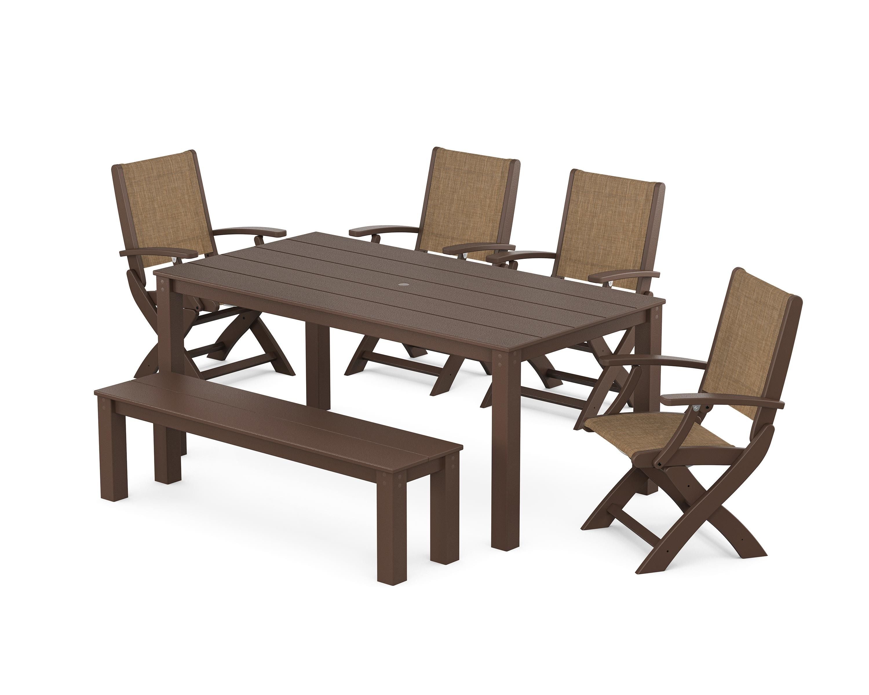 POLYWOOD Coastal Folding Chair 6-Piece Parsons Dining Set with Bench in Mahogany / Burlap Sling