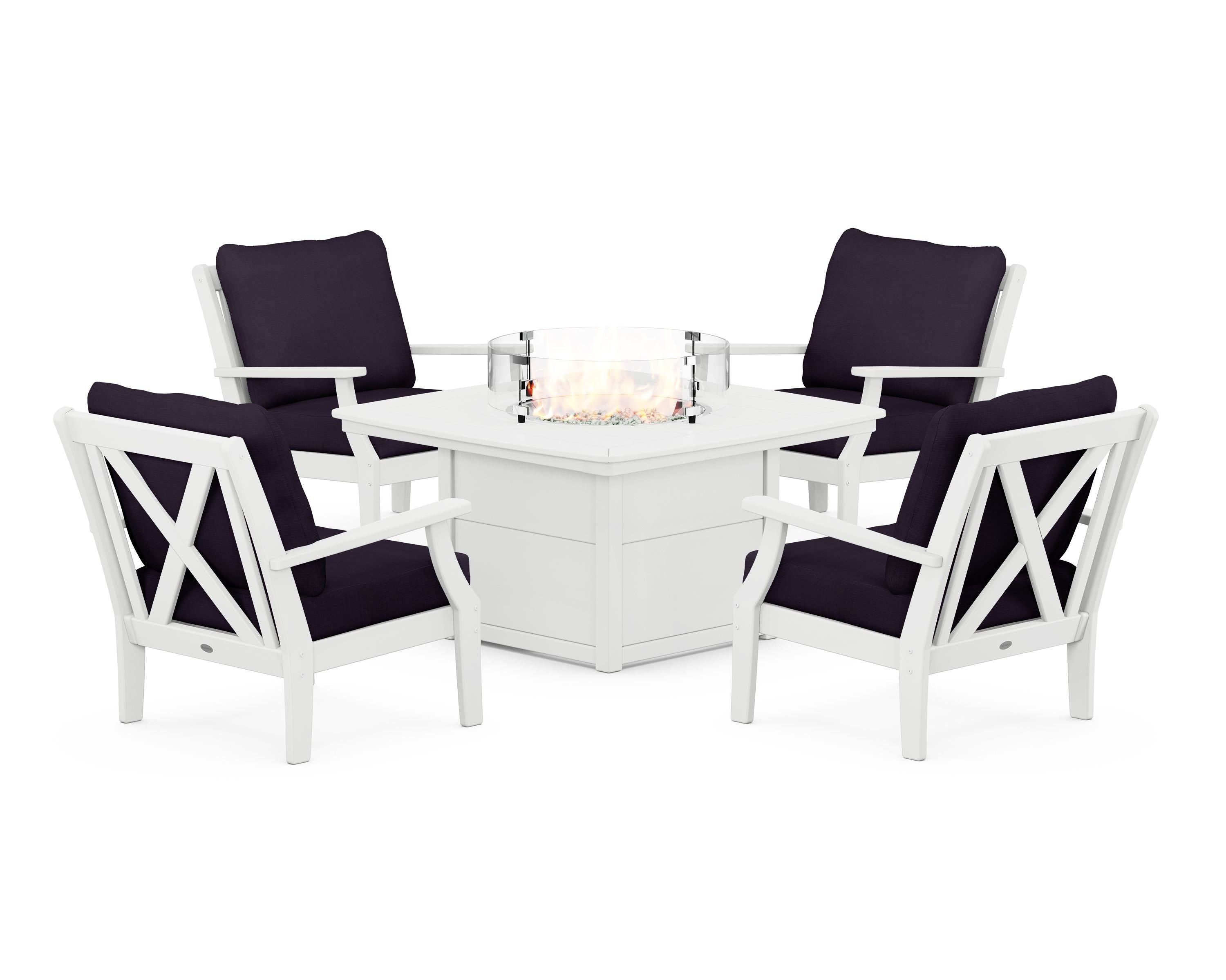 POLYWOOD Braxton 5-Piece Deep Seating Conversation Set with Fire Pit Table in White / Navy Linen