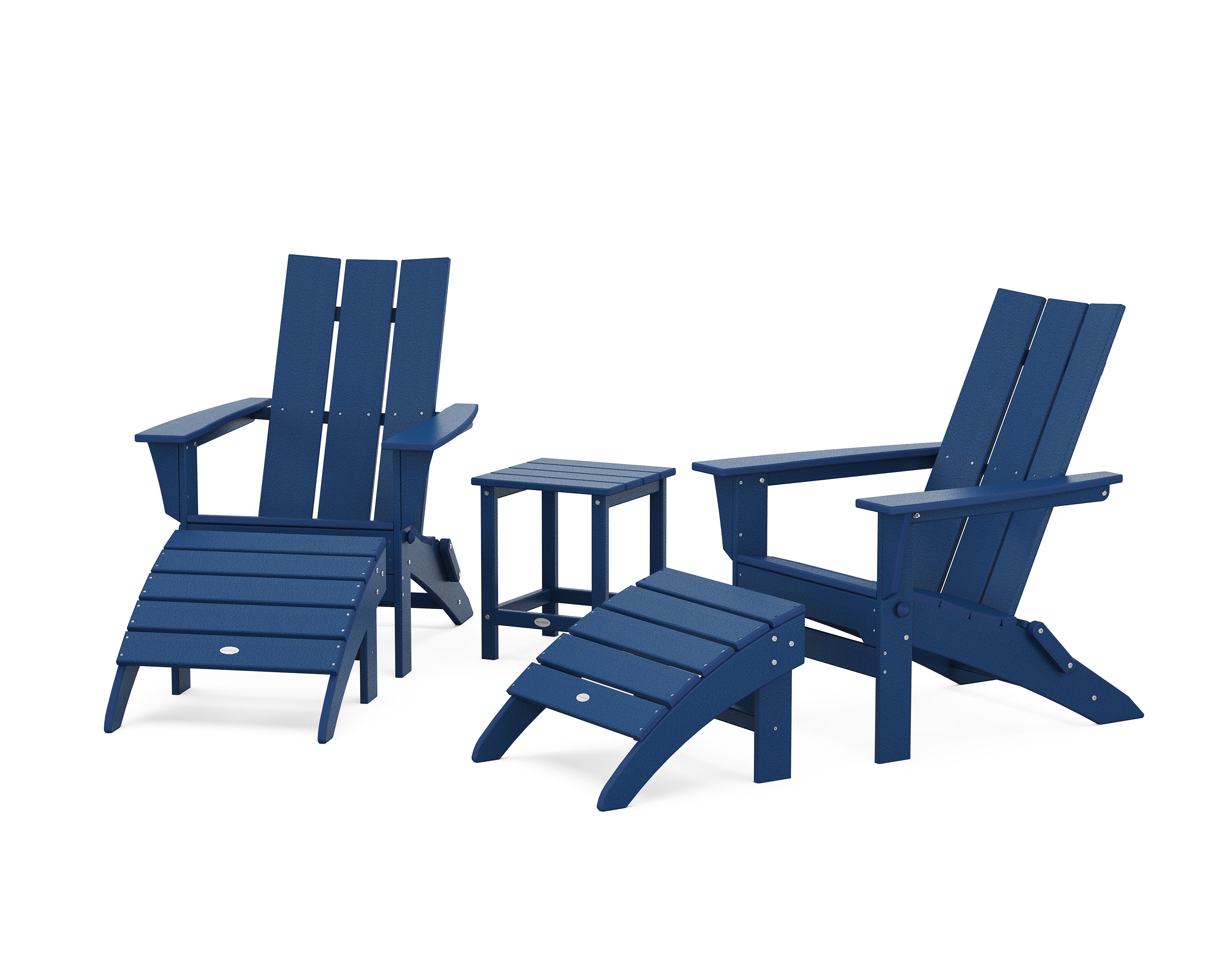 POLYWOOD® Modern Folding Adirondack Chair 5-Piece Set with Ottomans and 18" Side Table in Navy