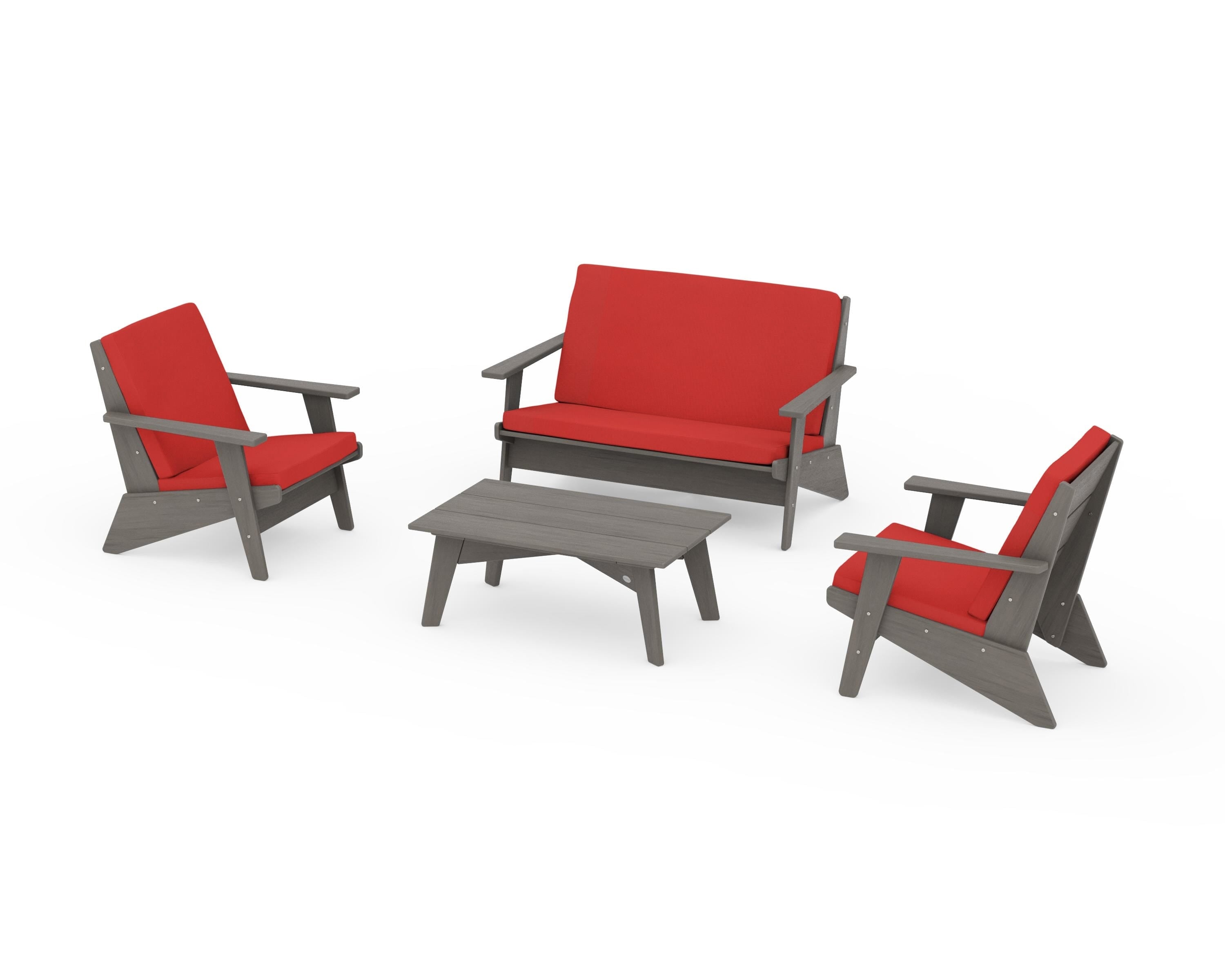 POLYWOOD Riviera Modern Lounge 4-Piece Set in Driftwood / Crimson Linen