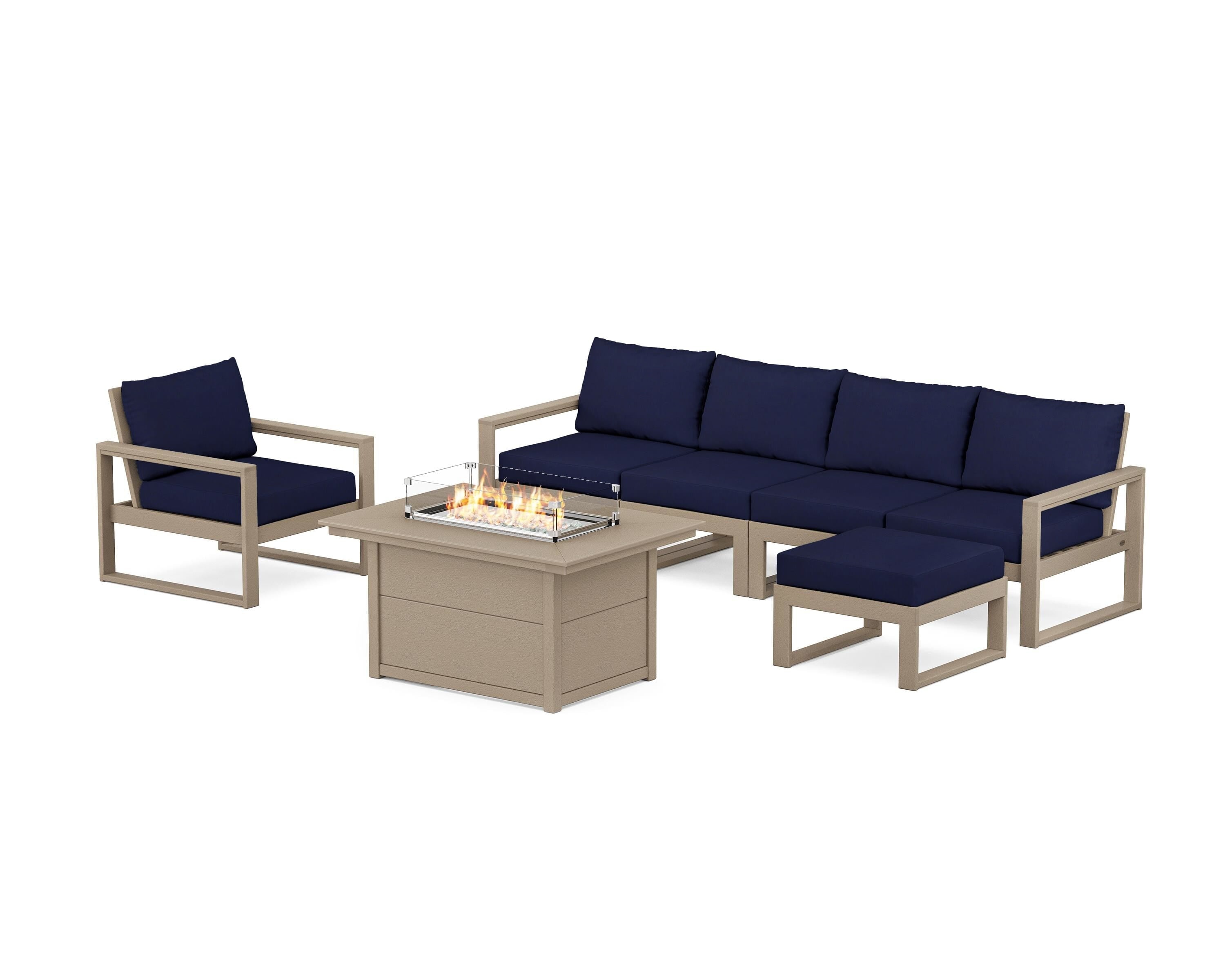 POLYWOOD EDGE Sectional Lounge and Fire Pit Set in Vintage Sahara / Navy