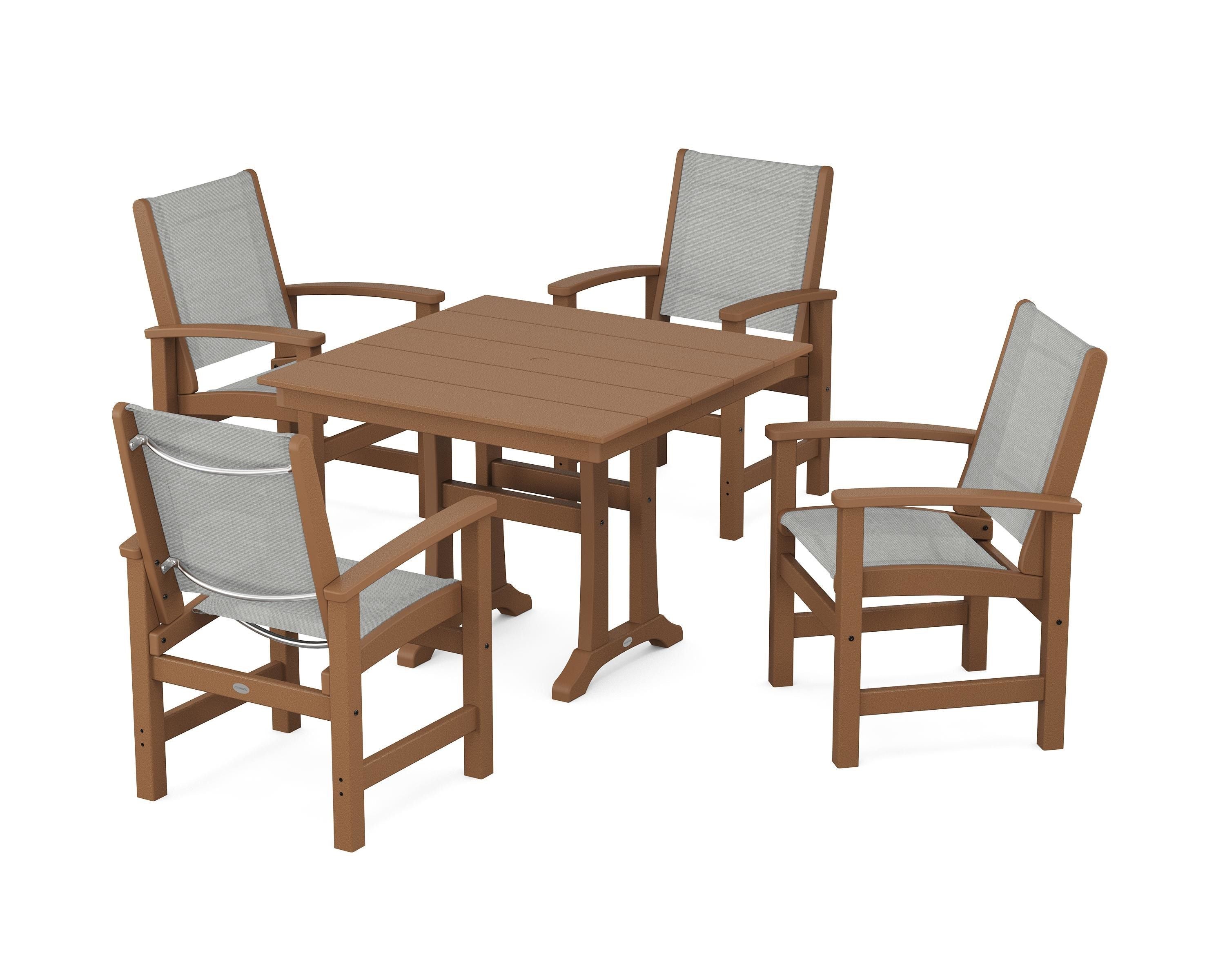POLYWOOD Coastal 5-Piece Farmhouse Dining Set With Trestle Legs in Teak / Metallic Sling