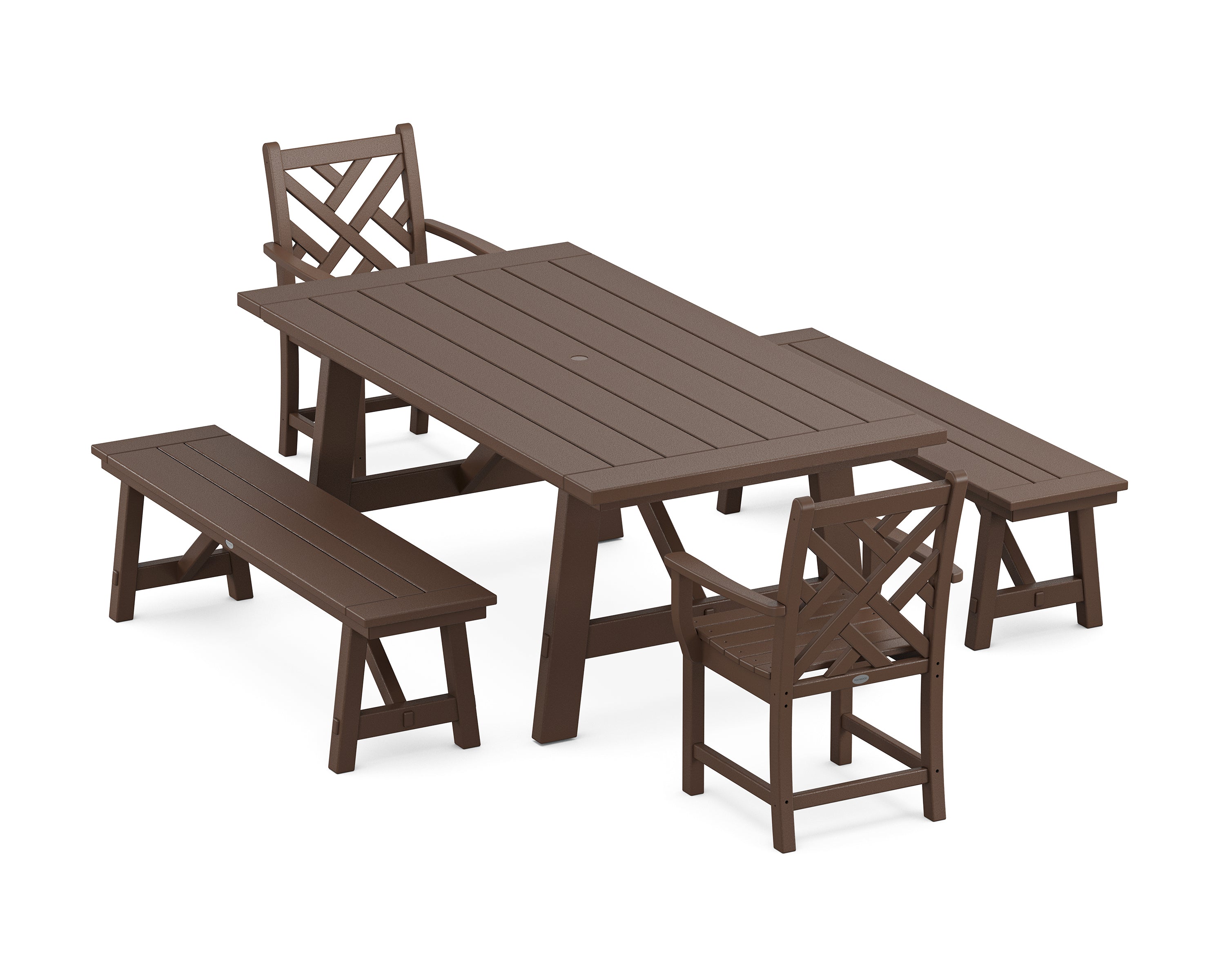 POLYWOOD® Chippendale 5-Piece Rustic Farmhouse Dining Set With Benches in Mahogany