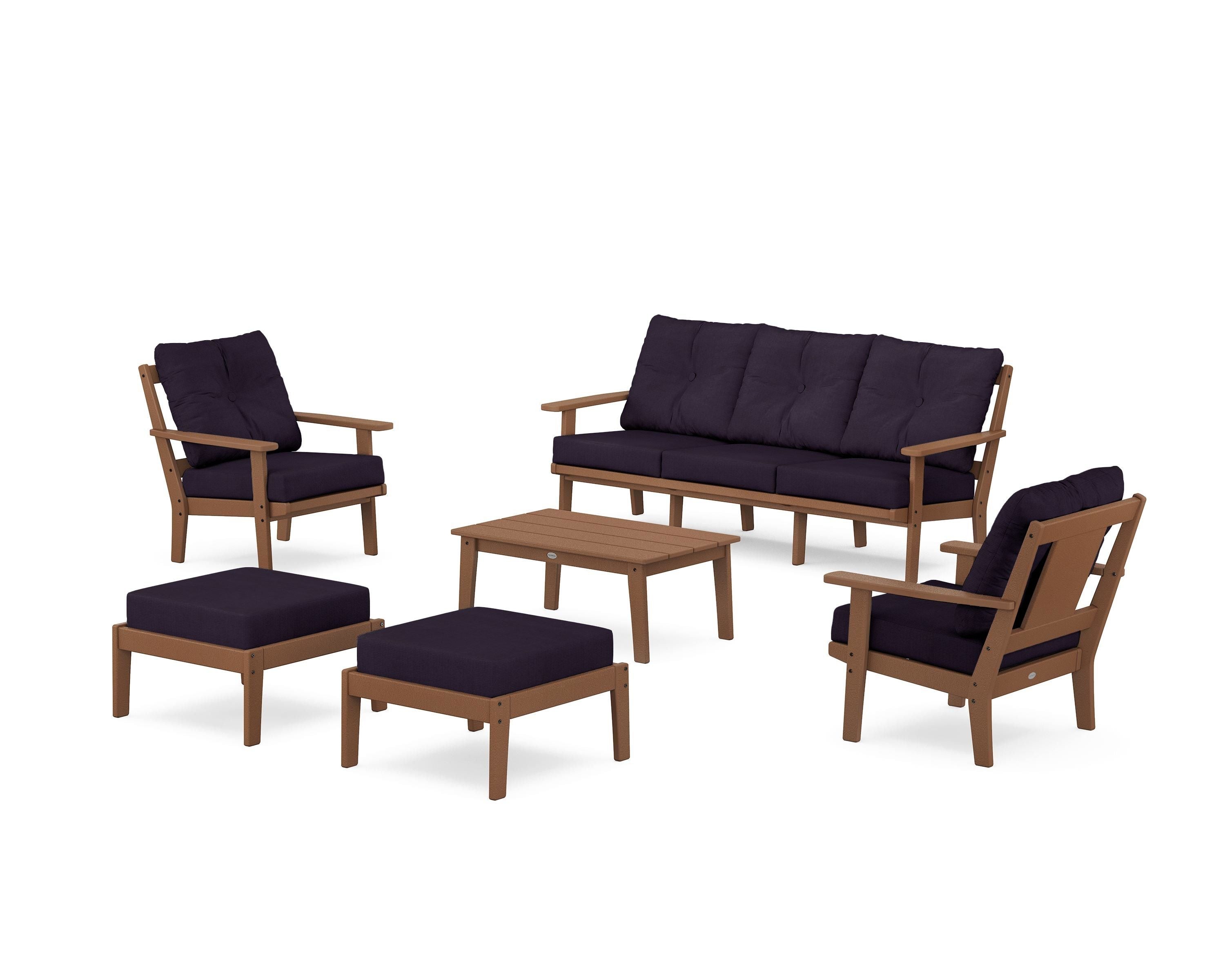 POLYWOOD Prairie 6-Piece Lounge Sofa Set in Teak / Navy Linen