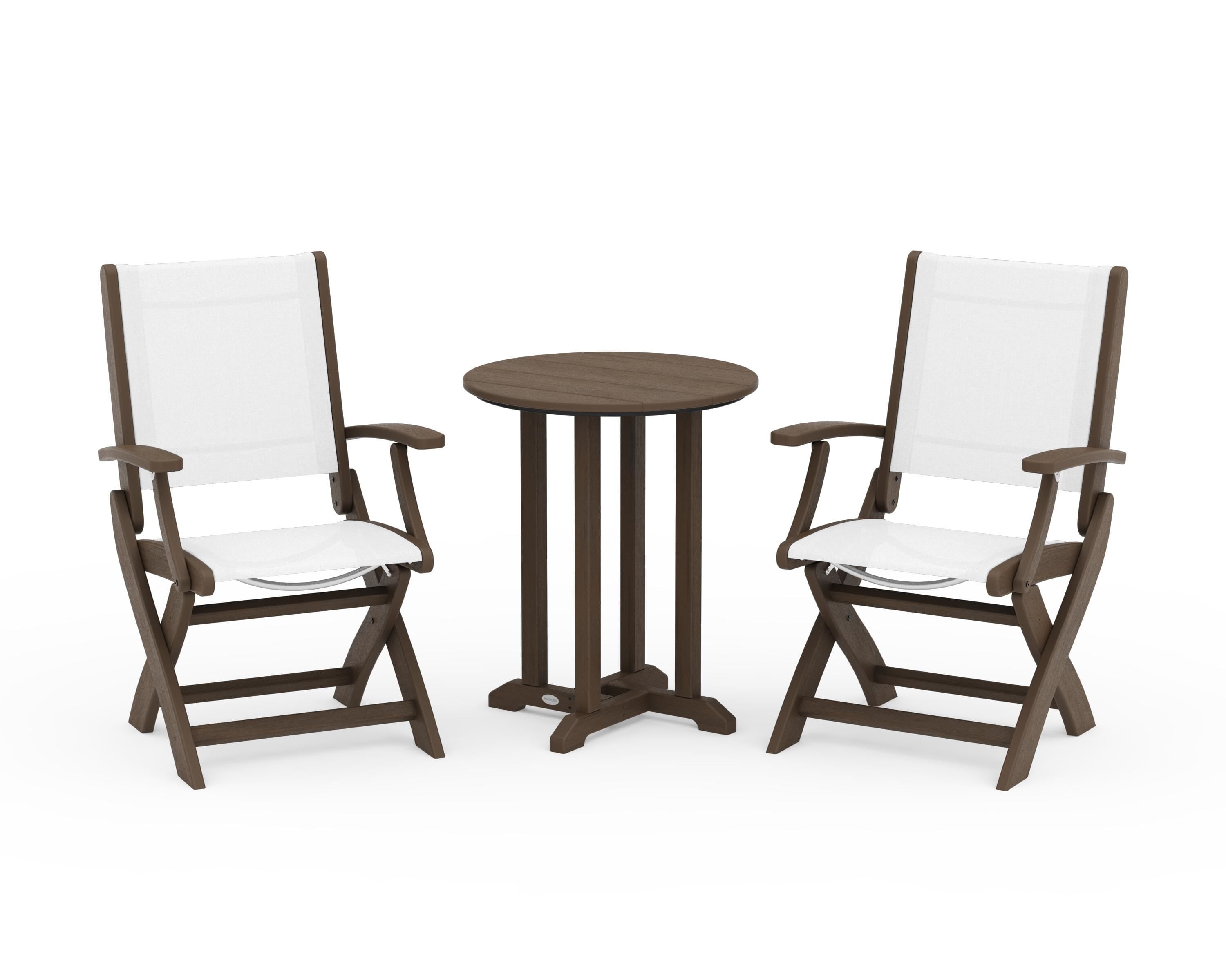 POLYWOOD Coastal Folding 3-Piece Round Bistro Dining Set in Kona / White Sling