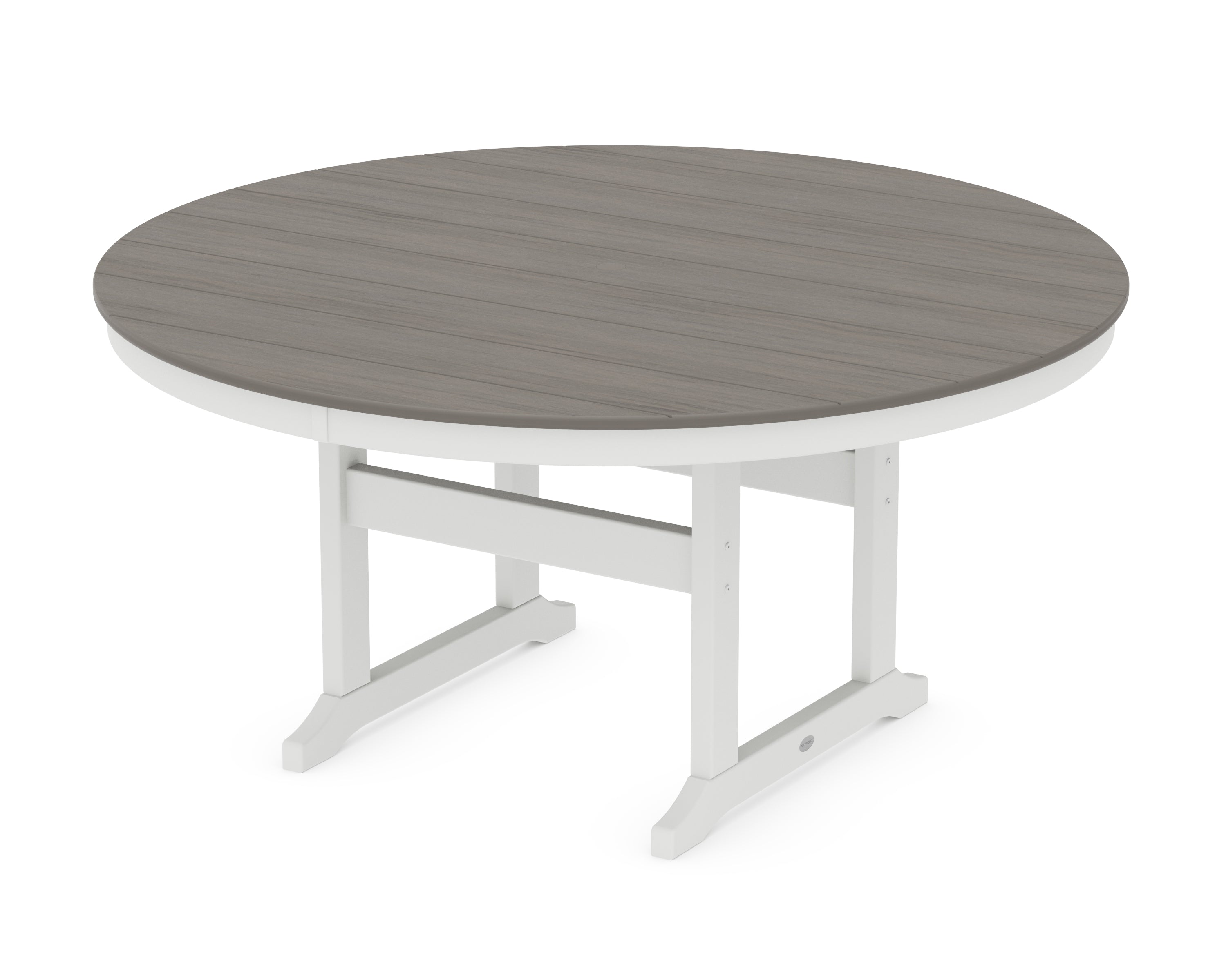 POLYWOOD 60” Round Farmhouse Dining Table in White / Driftwood